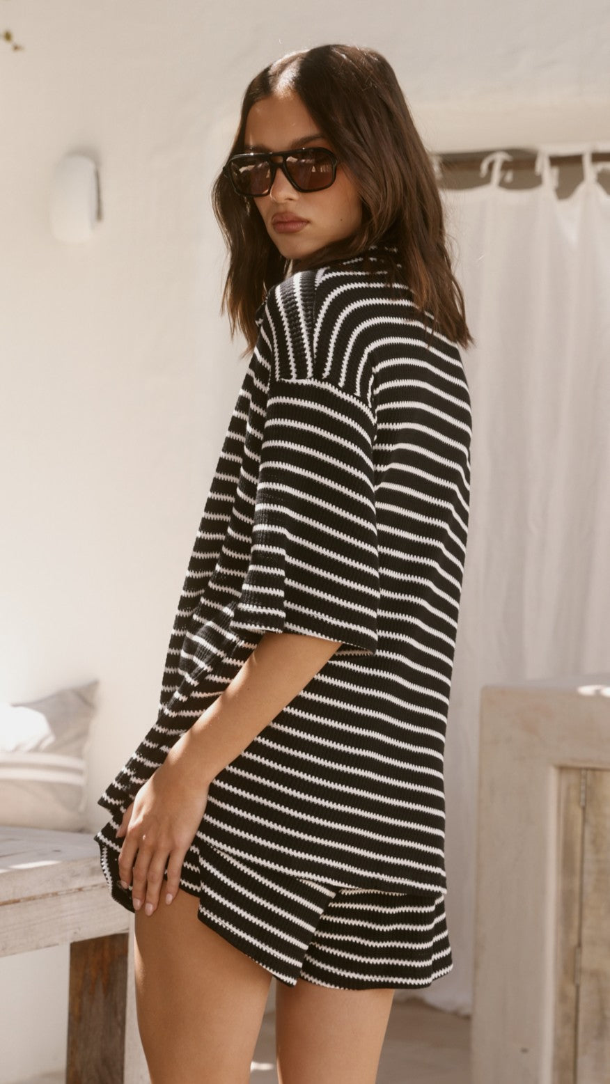 Lacole Button Up Shirt and Shorts Set - Black / White Stripe