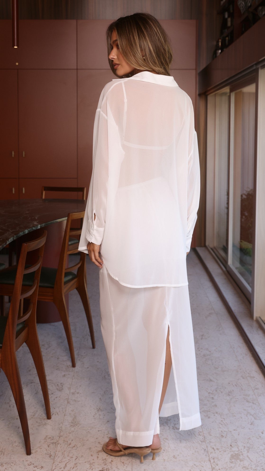 Adella Sheer Long Sleeve Top and Maxi Skirt Set - White - Billy J