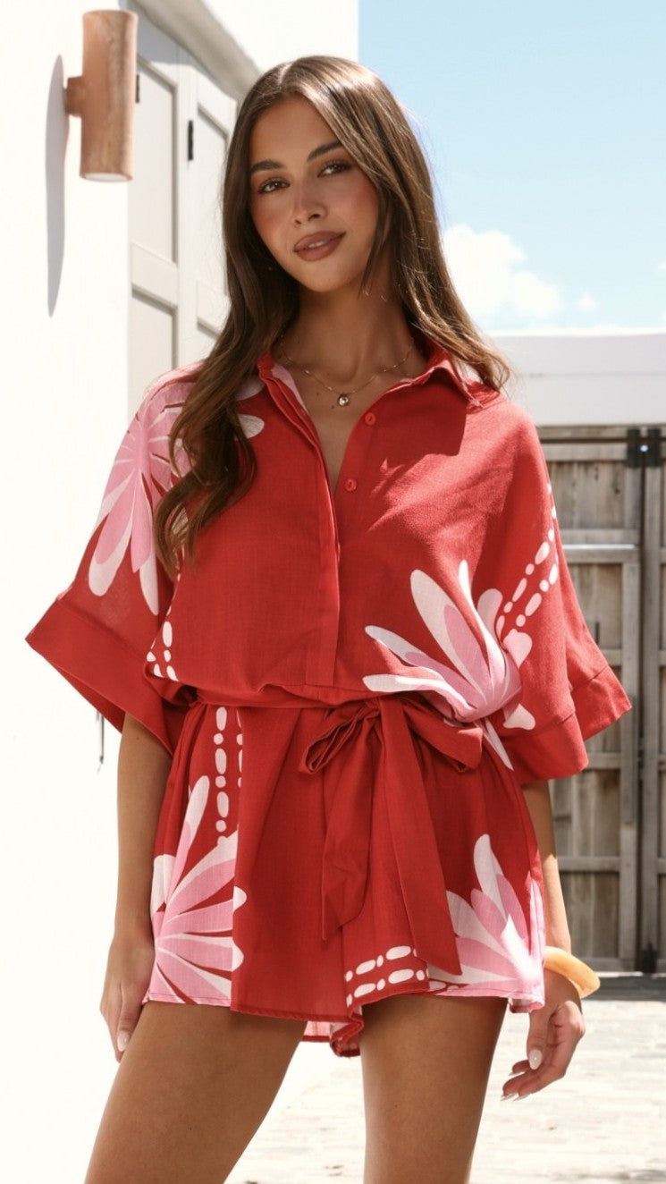 Farrah Playsuit - Red/White Flower - Billy J