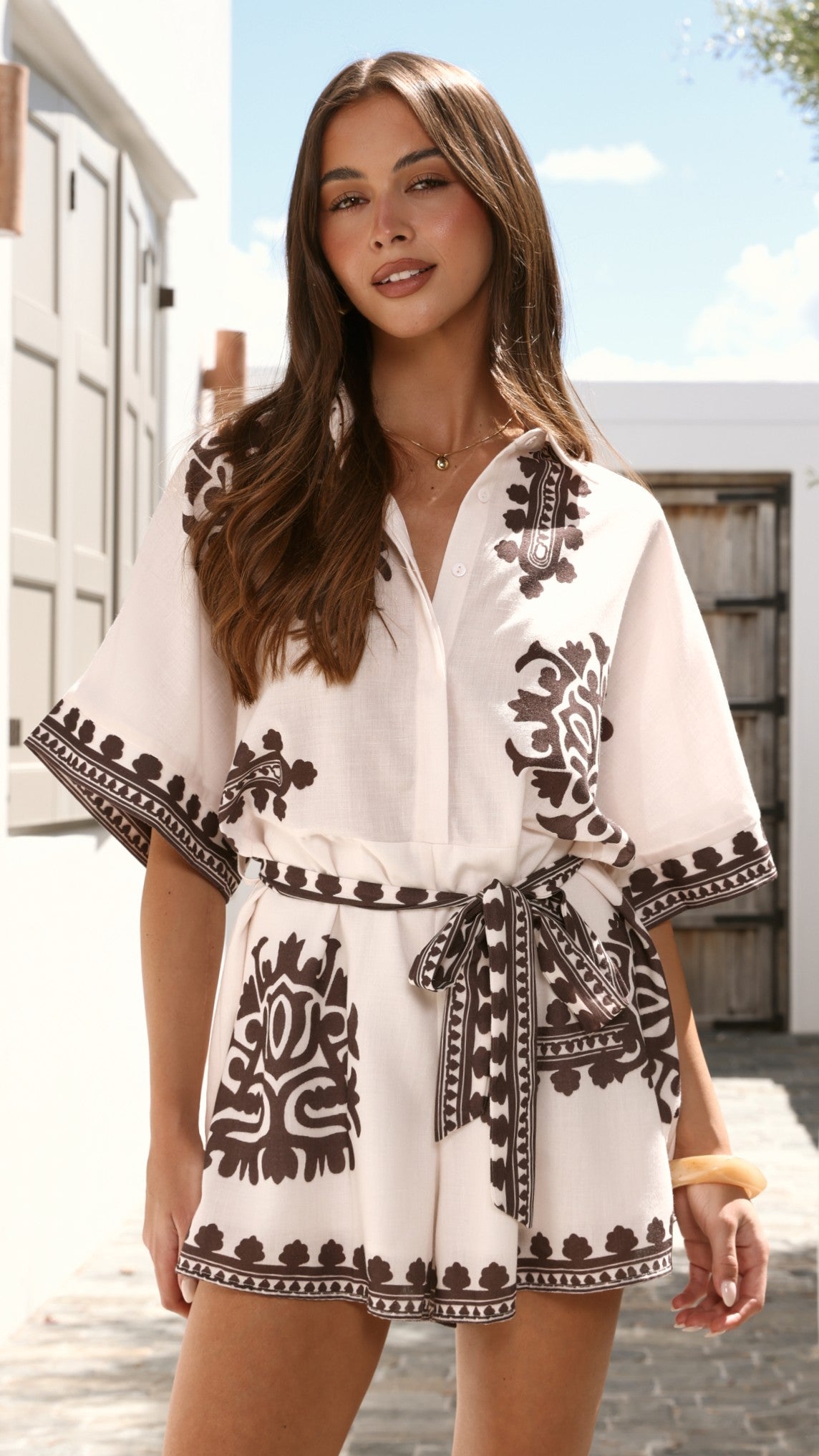 Farrah Playsuit - White/Brown Geometric - Billy J