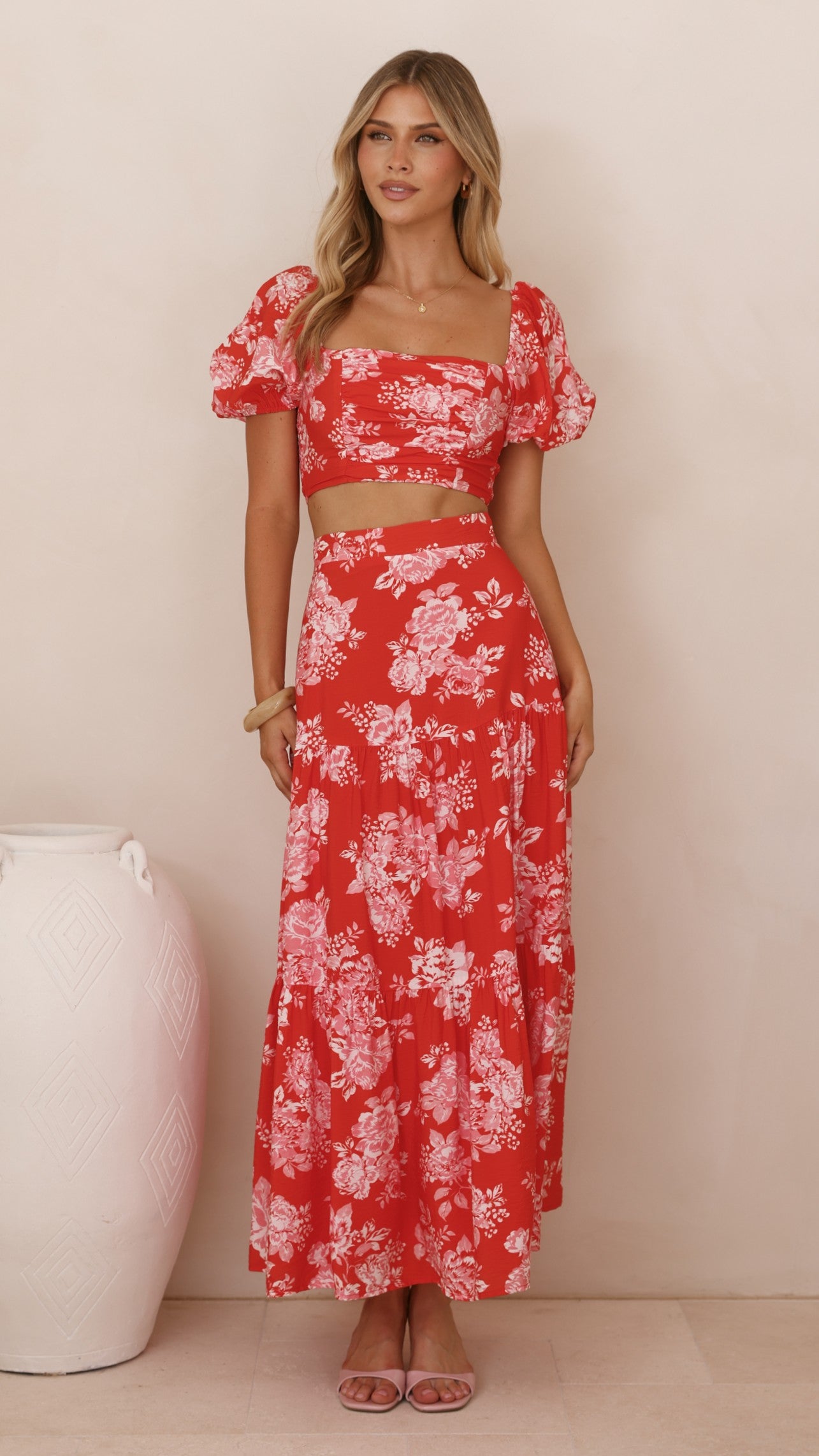 Calla Top and Maxi Skirt Set - Red Floral - Billy J
