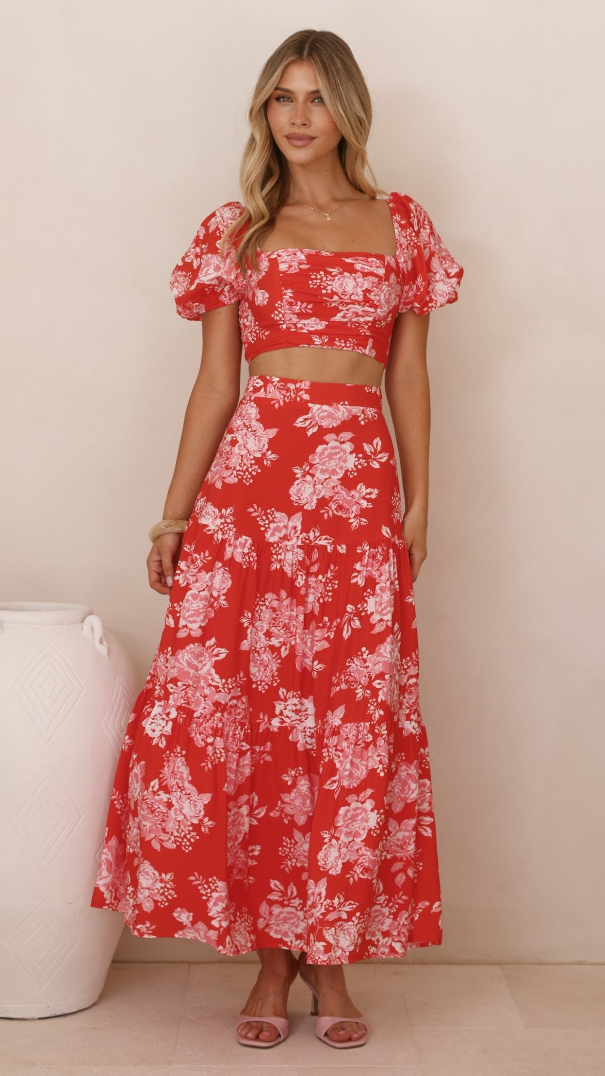 Calla Top and Maxi Skirt Set - Red Floral - Billy J