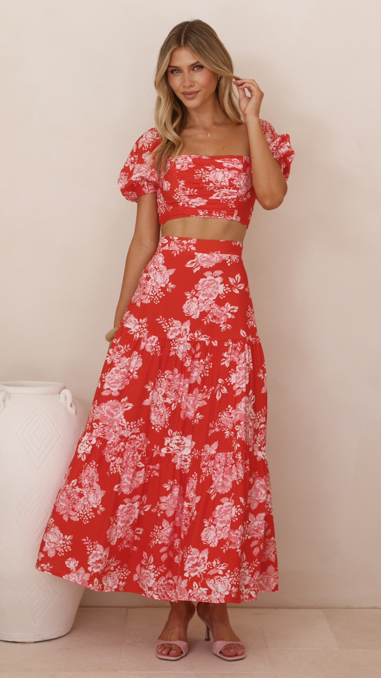 Calla Top and Maxi Skirt Set - Red Floral - Billy J