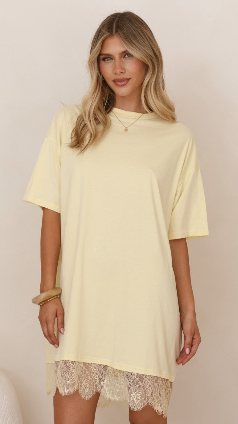 Saya T Shirt Lace Mini Dress - Yellow - Billy J