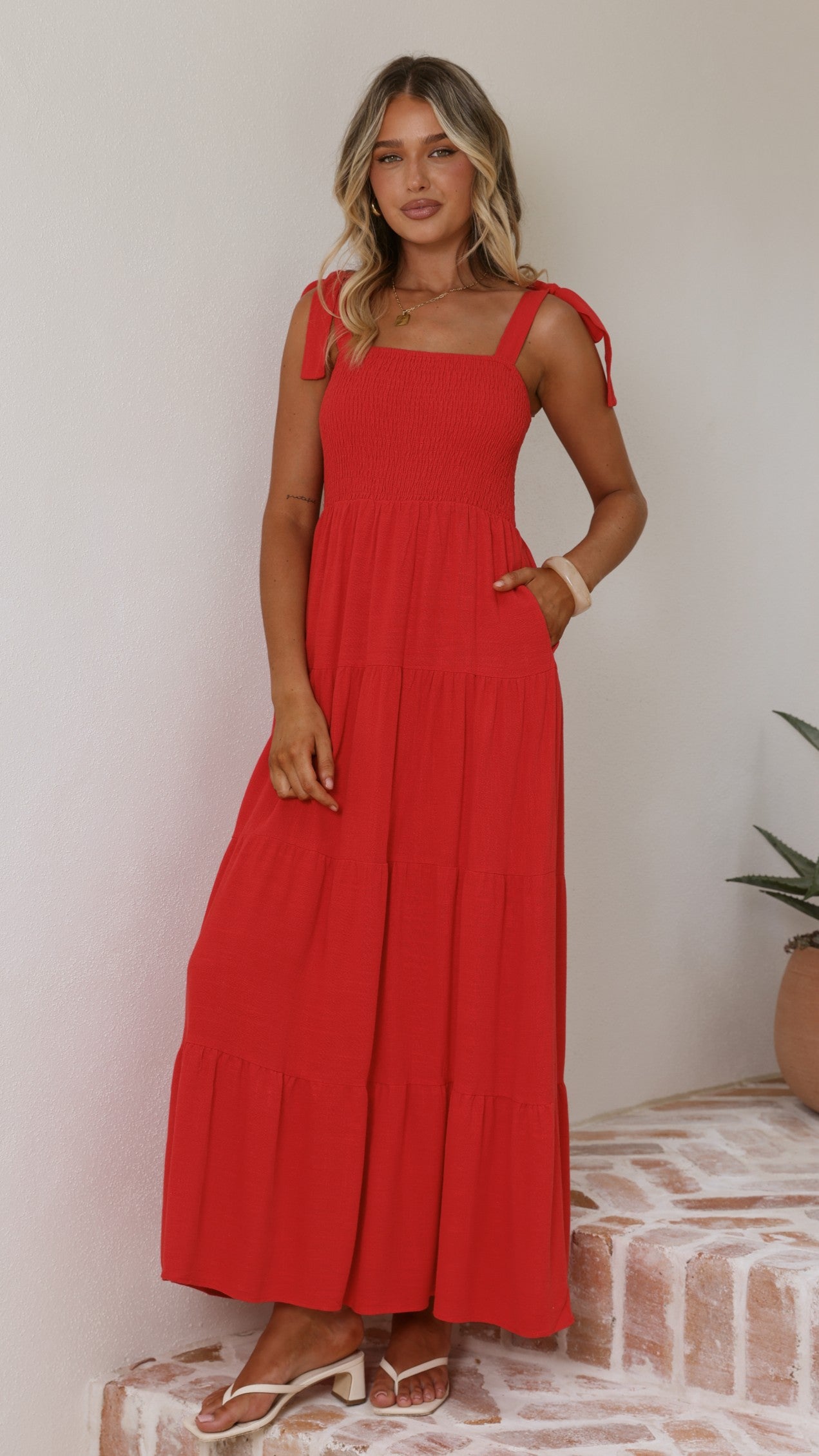 Carlina Tiered Maxi Dress - Red - Billy J