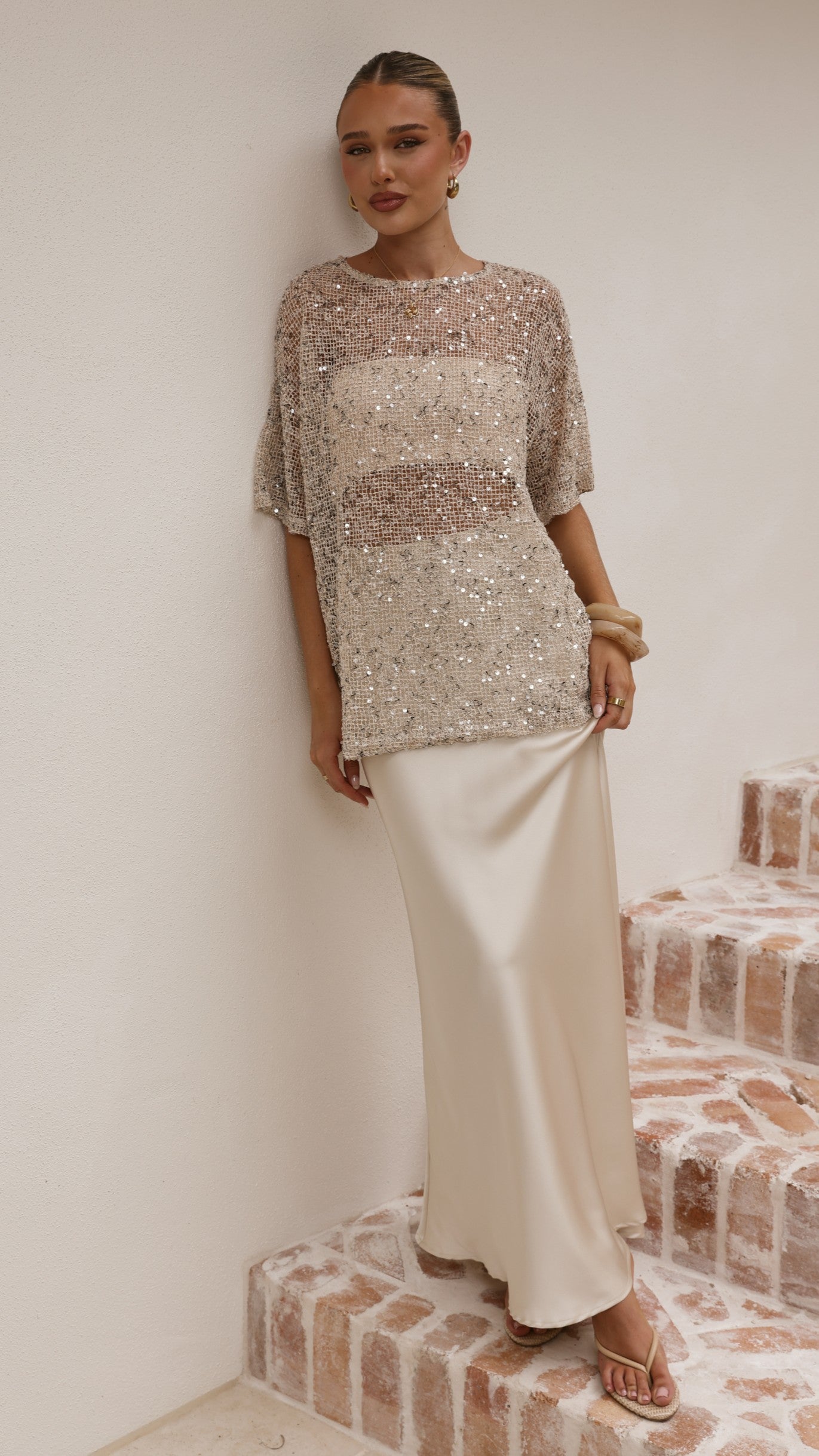 Zinnia Oversized Sequins Tee - Beige - Billy J