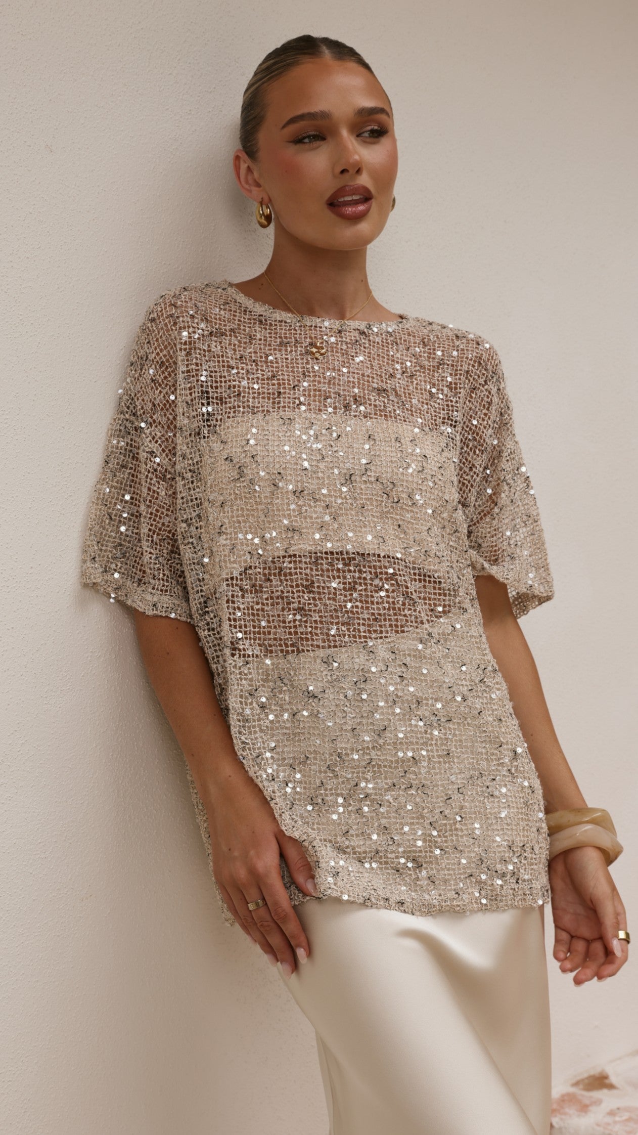 Zinnia Oversized Sequins Tee - Beige - Billy J