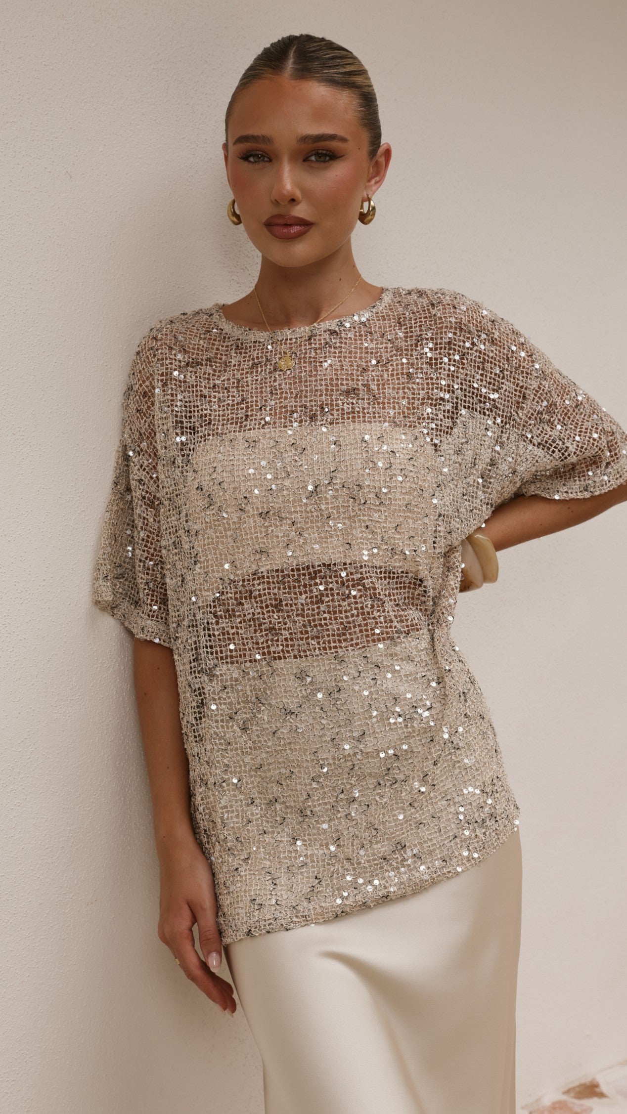 Zinnia Oversized Sequins Tee - Beige - Billy J