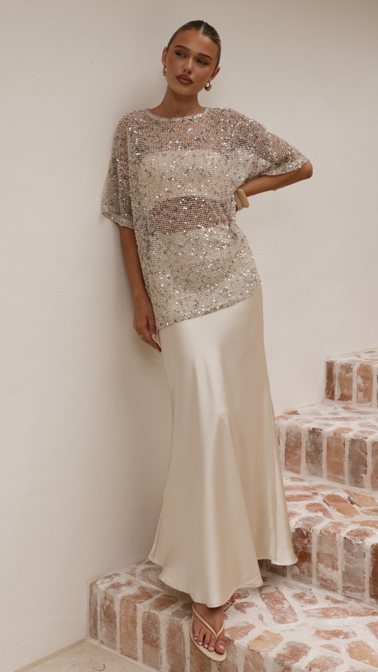 Zinnia Oversized Sequins Tee - Beige - Billy J