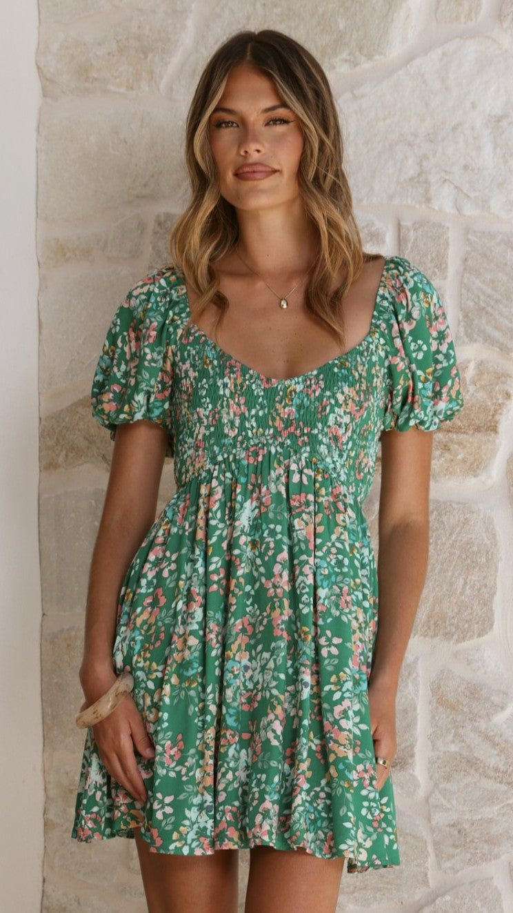 Sahirah Mini Dress - Green Floral - Billy J