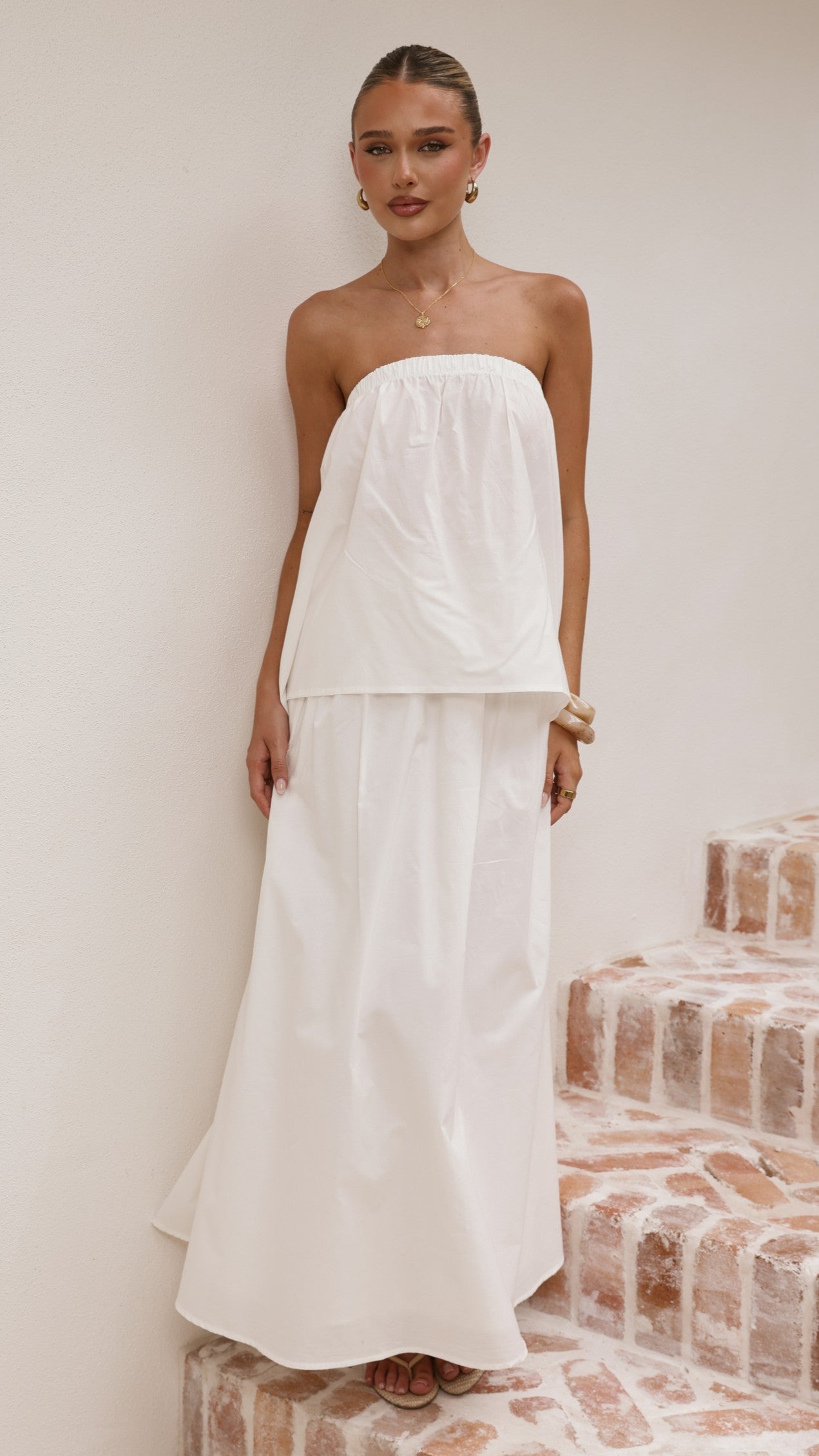 Makala Strapless Top and Maxi Skirt Set - White - Billy J