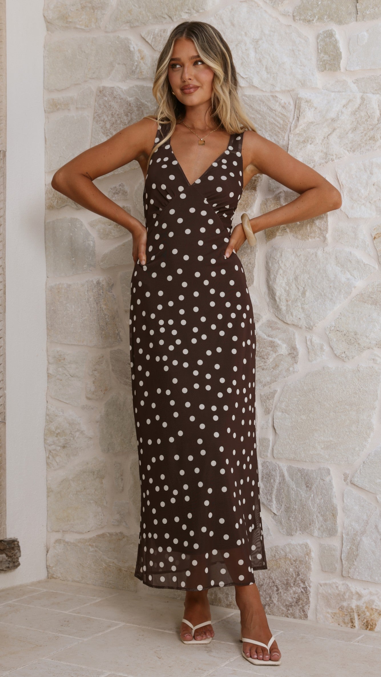 Cassara Maxi Dress - Chocolate / White Polka Dot - Billy J