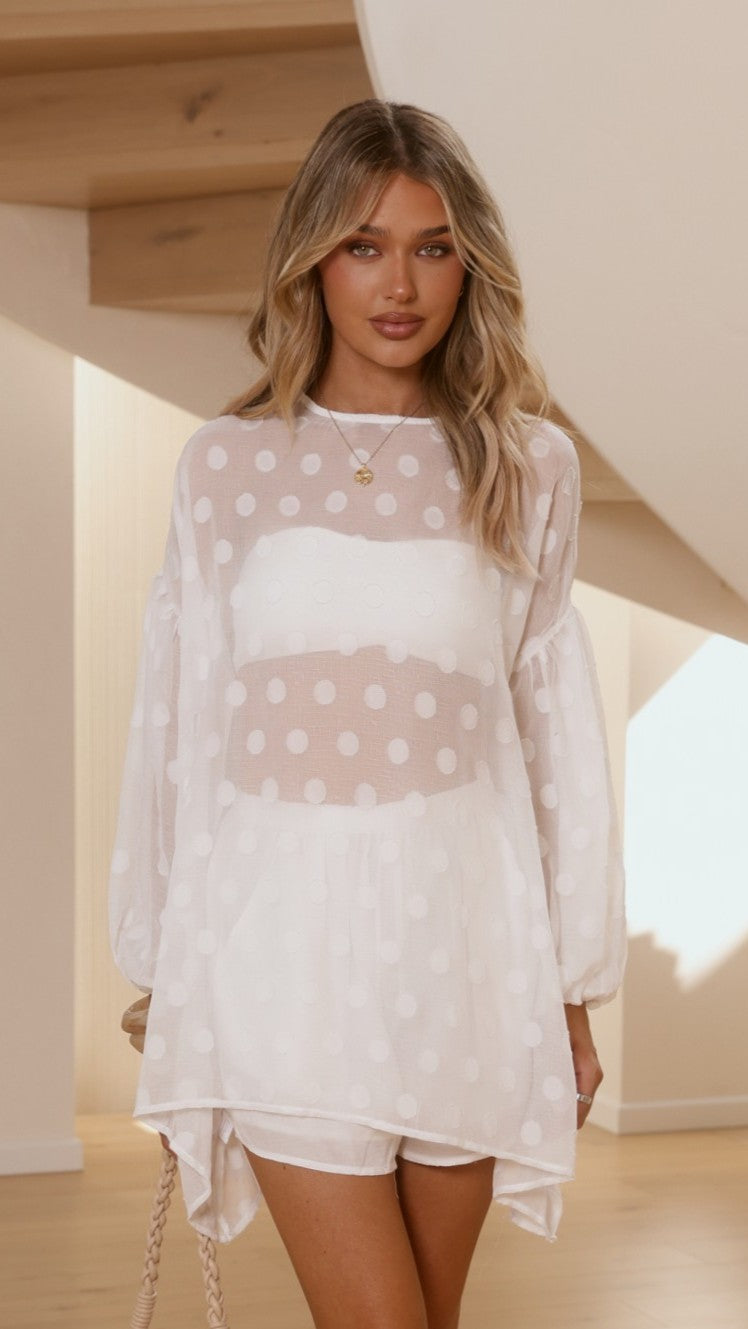 Kathleen Long Sleeve Semi Sheer Top and Shorts Set - White Spot - Billy J