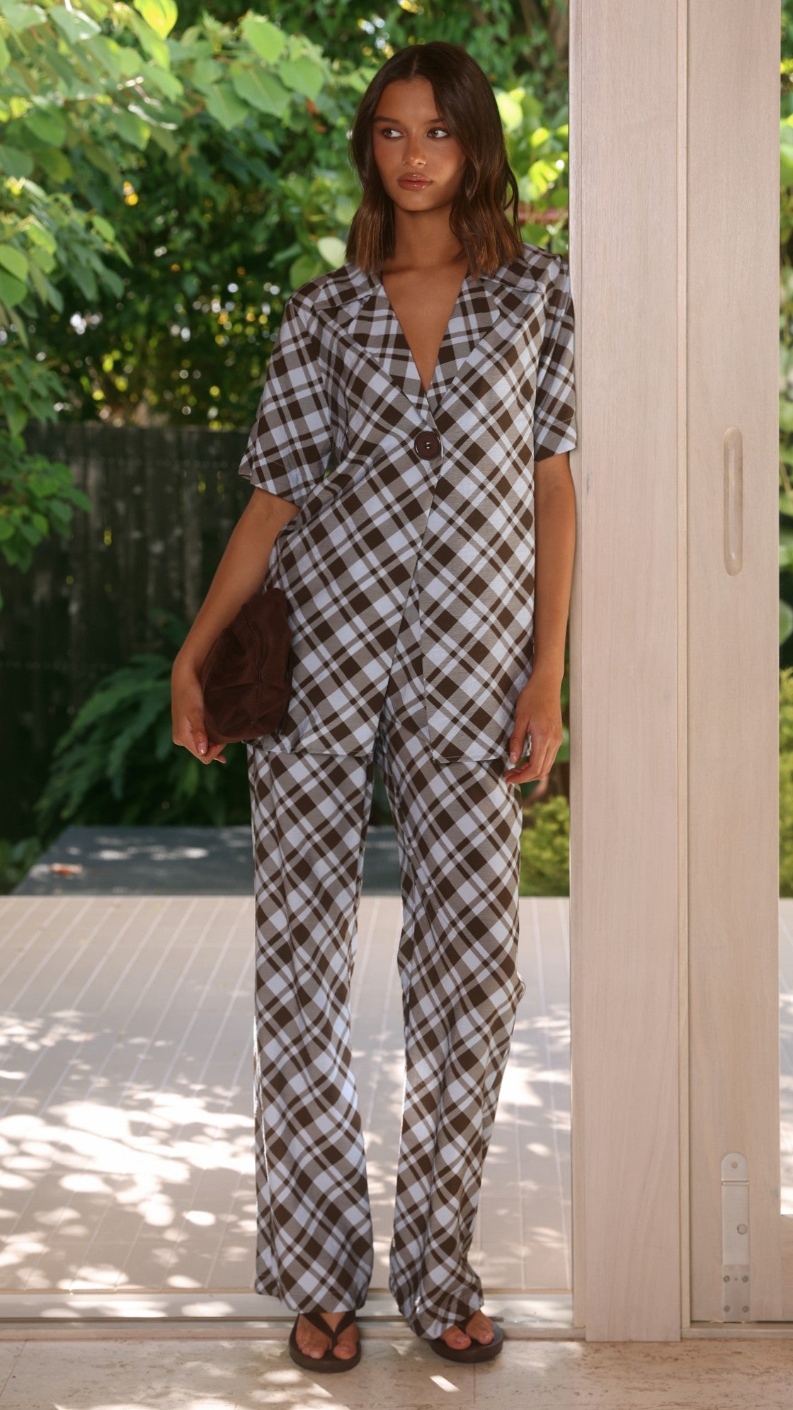 Imogen Button Pants - Chocolate/Blue Plaid - Billy J