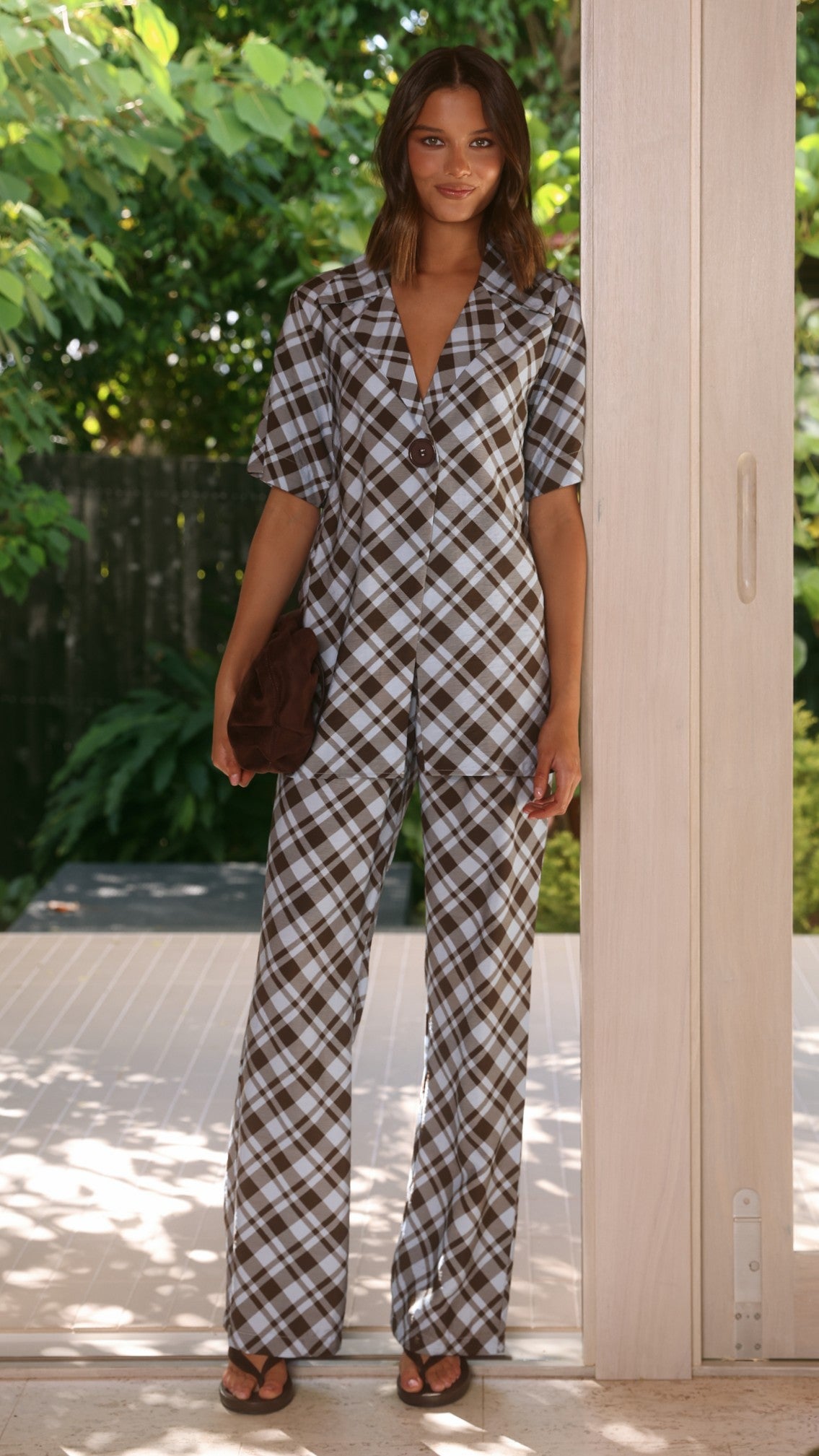 Imogen Button Pants - Chocolate/Blue Plaid - Billy J
