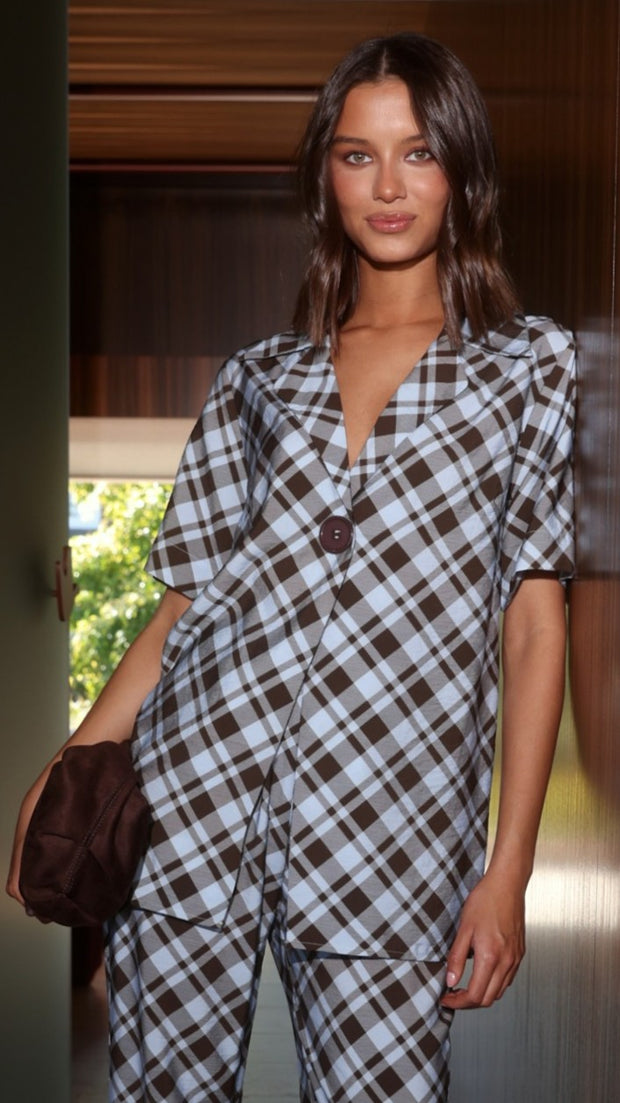 Imogen Button Shirt - Chocolate/Blue Plaid - Billy J