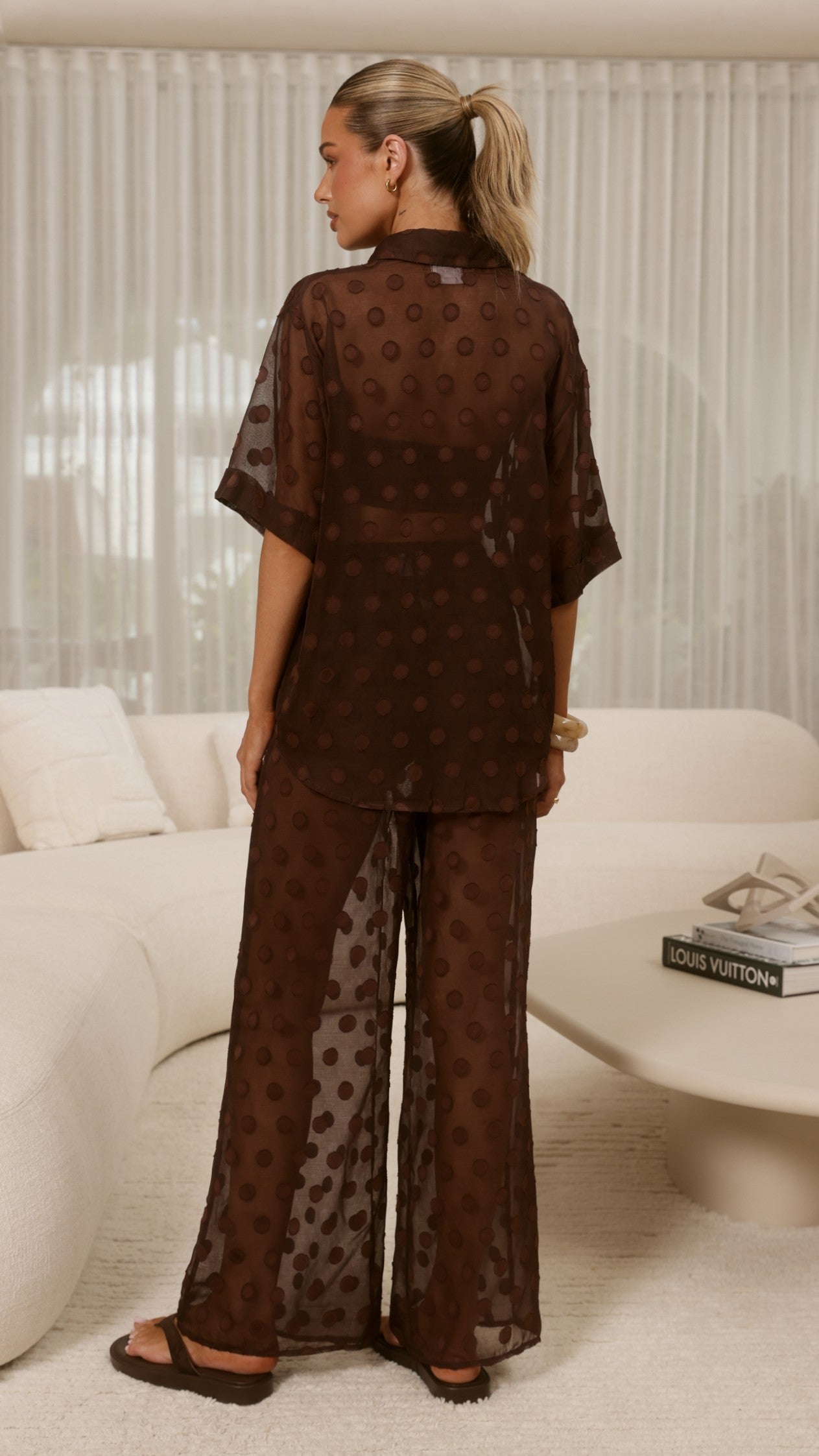 Katherine Semi Sheer Button Up Shirt and Pants Set - Chocolate Spot - Billy J
