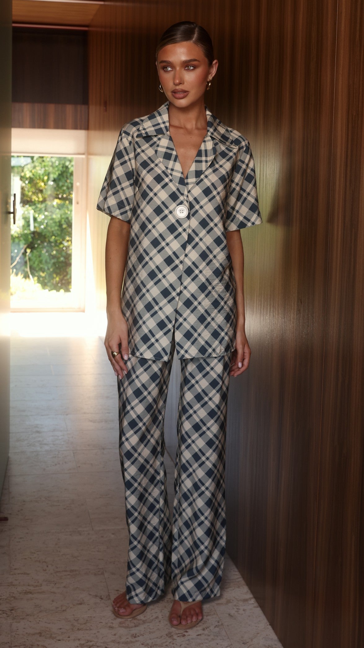 Imogen Button Pants - Blue/Cream Plaid - Billy J