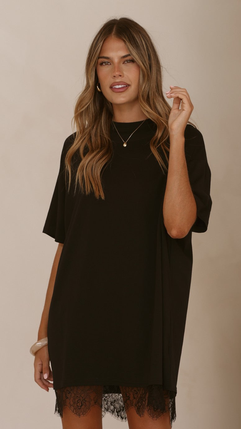 Saya T Shirt Lace Mini Dress - Black - Billy J
