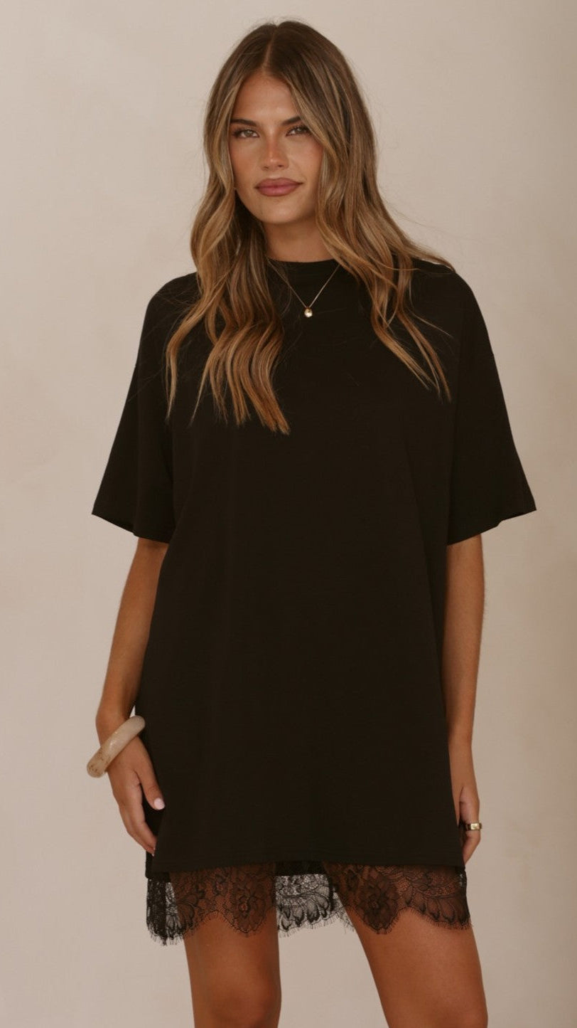 Saya T Shirt Lace Mini Dress - Black - Billy J