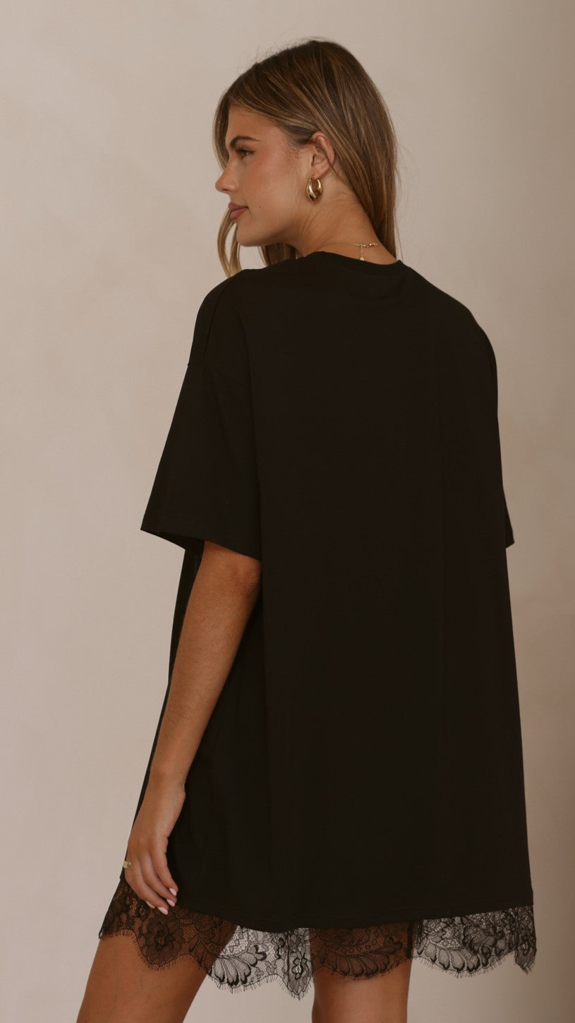 Saya T Shirt Lace Mini Dress - Black - Billy J