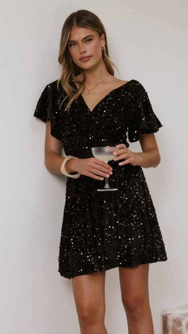Zinnia Sequins Mini Dress - Black Sequins - Billy J