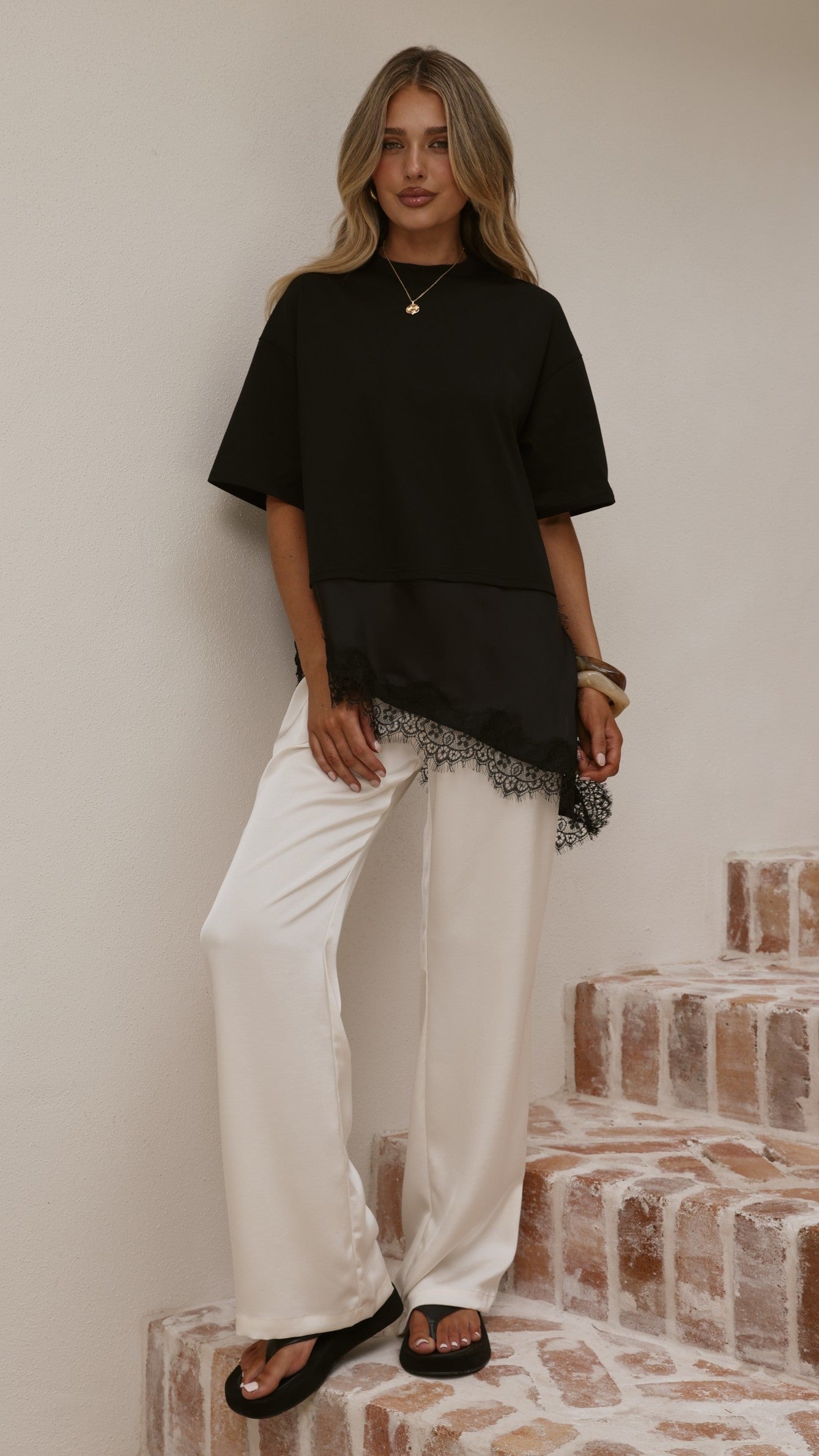Mirandah Satin Panel T-Shirt - Black - Billy J