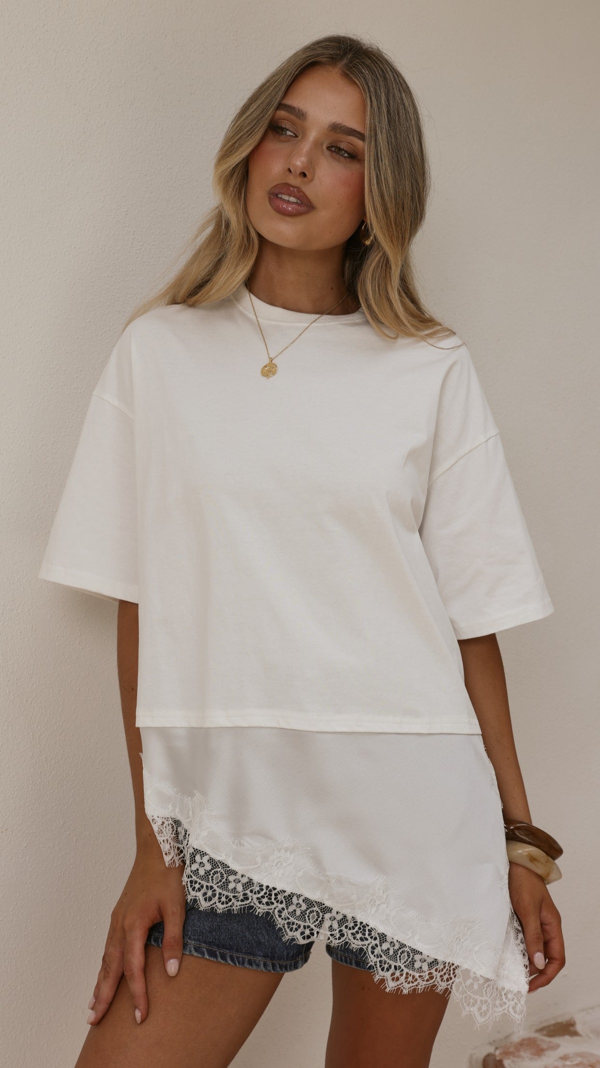 Mirandah Satin Panel T-Shirt - White - Billy J