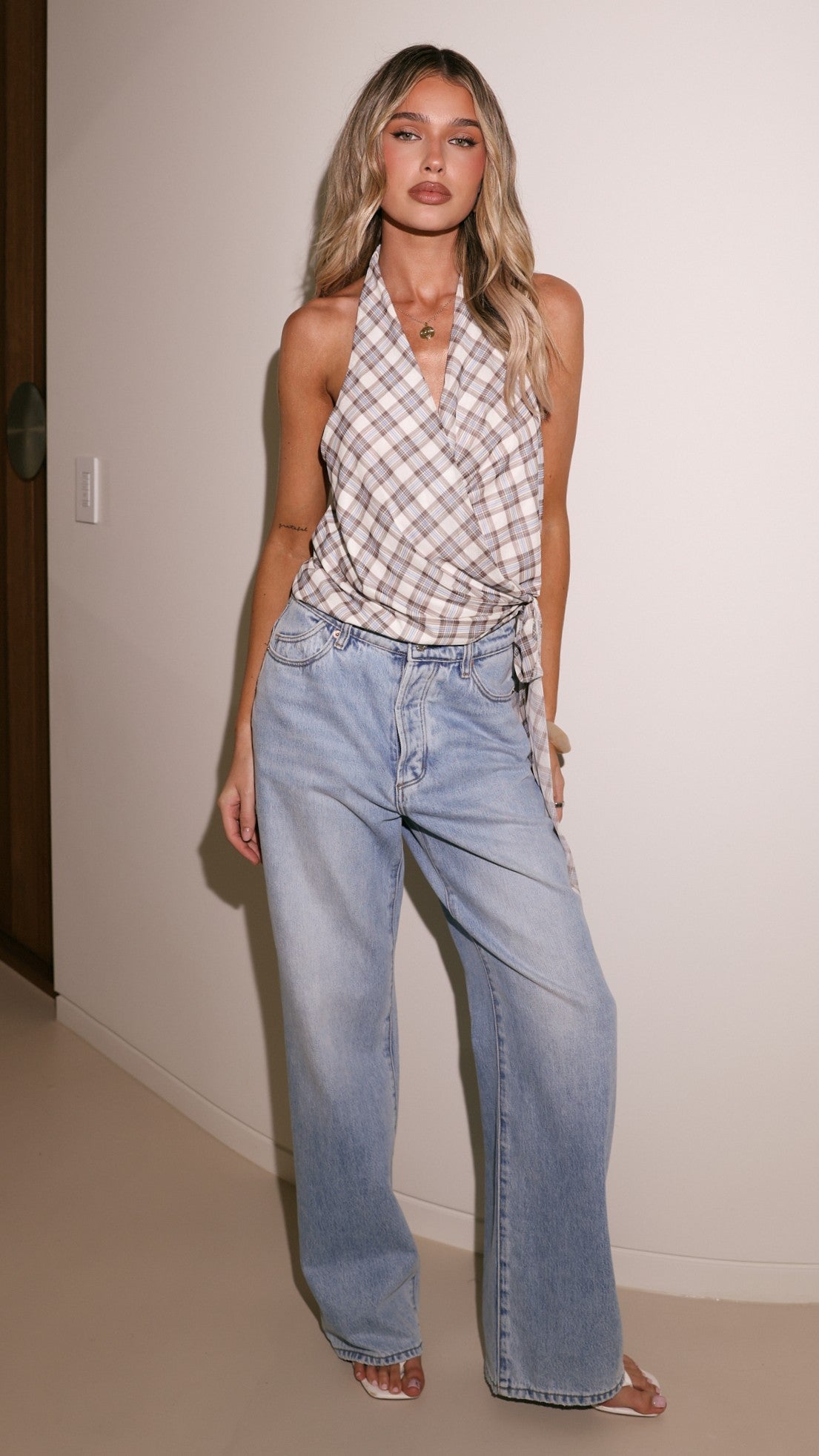 Belle Halter Neck Top - Neutral Check - Billy J