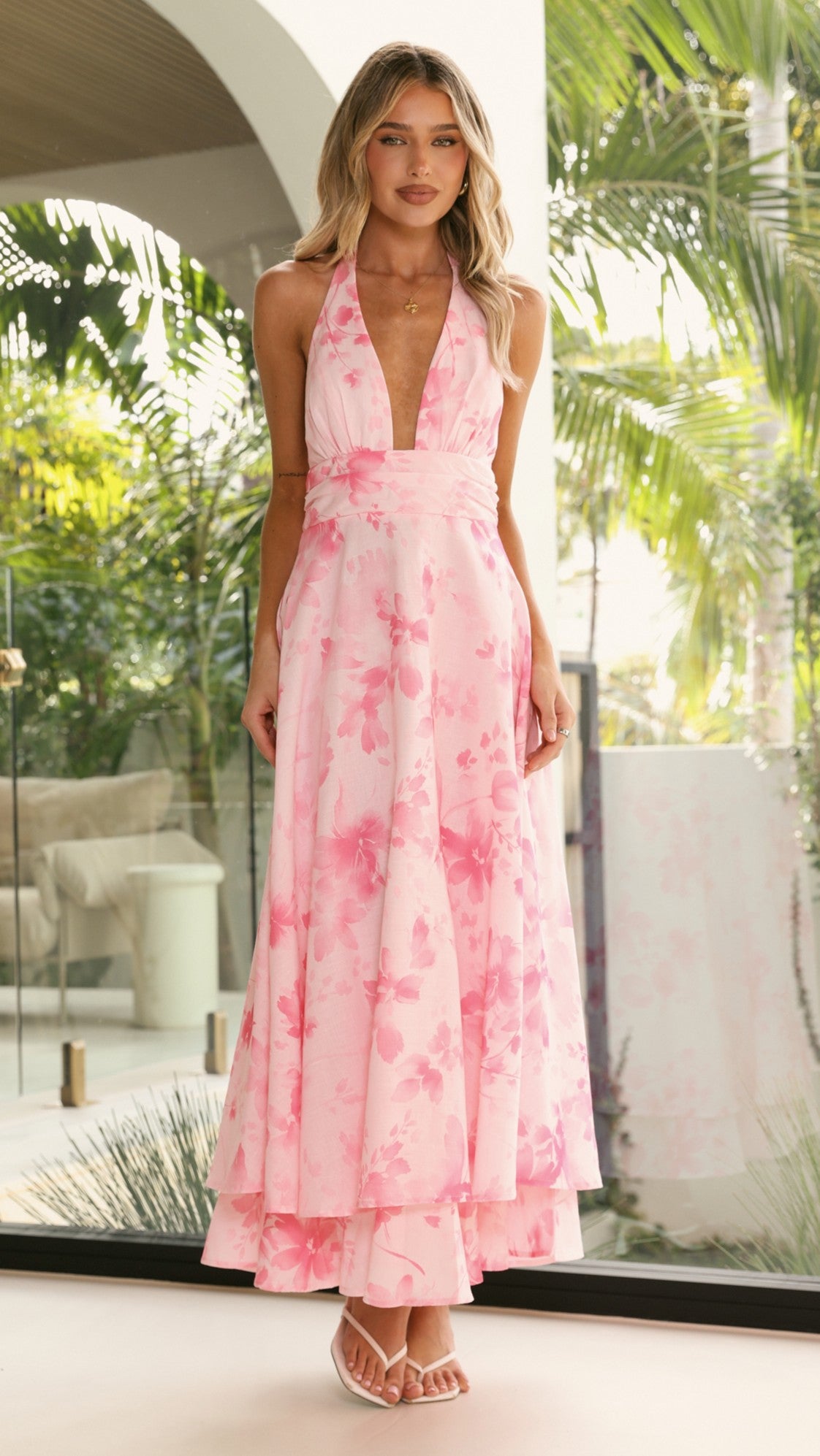 Kathy Halter Neck Maxi Dress - Baby Pink Floral - Billy J