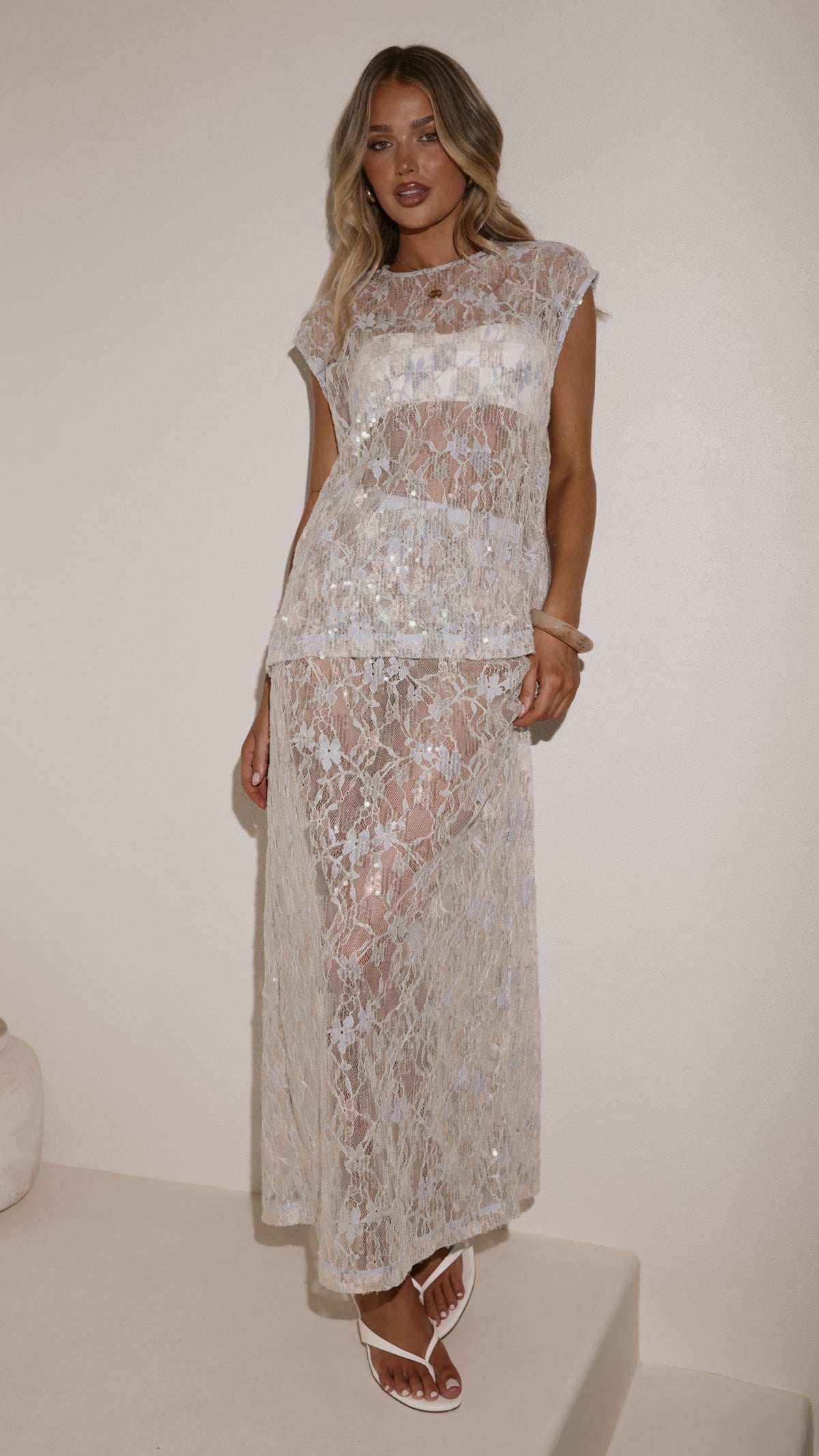 Makaila Sheer Maxi Skirt - Blue Lace/Sequin - Billy J