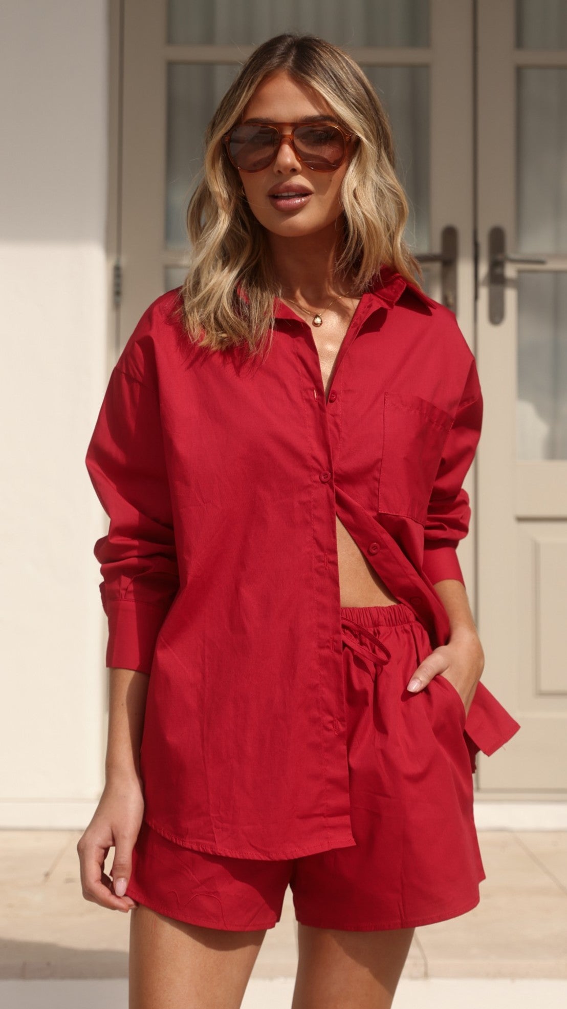 Elita Long Sleeve Button Up Shirt and Shorts Set - Red - Billy J