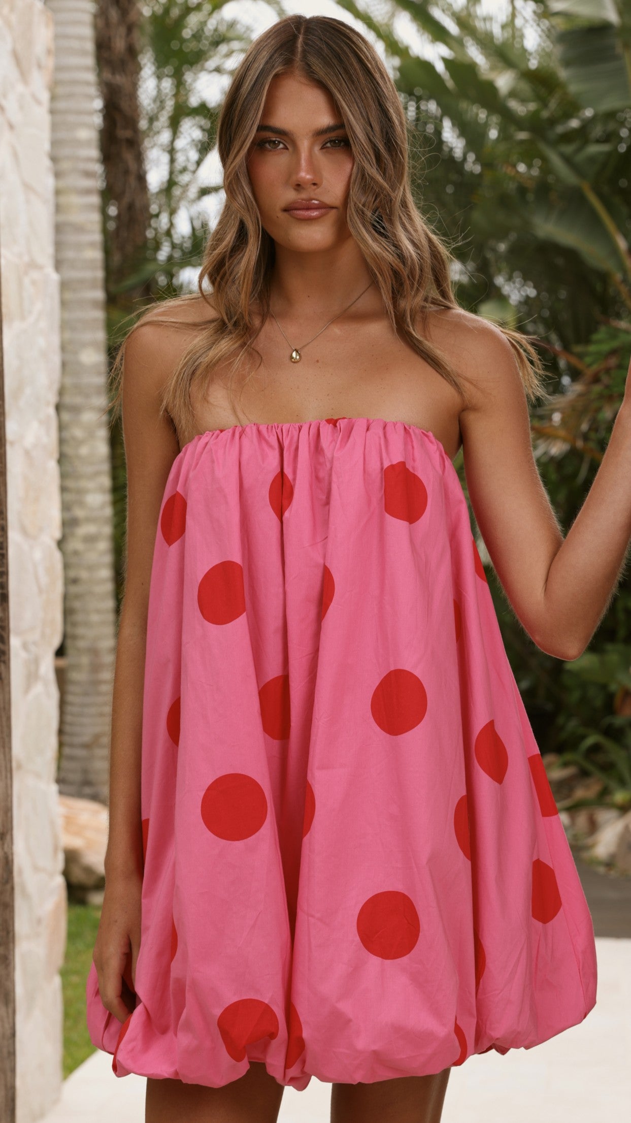 Everly Strapless Mini Dress - Pink/Red Polka - Billy J