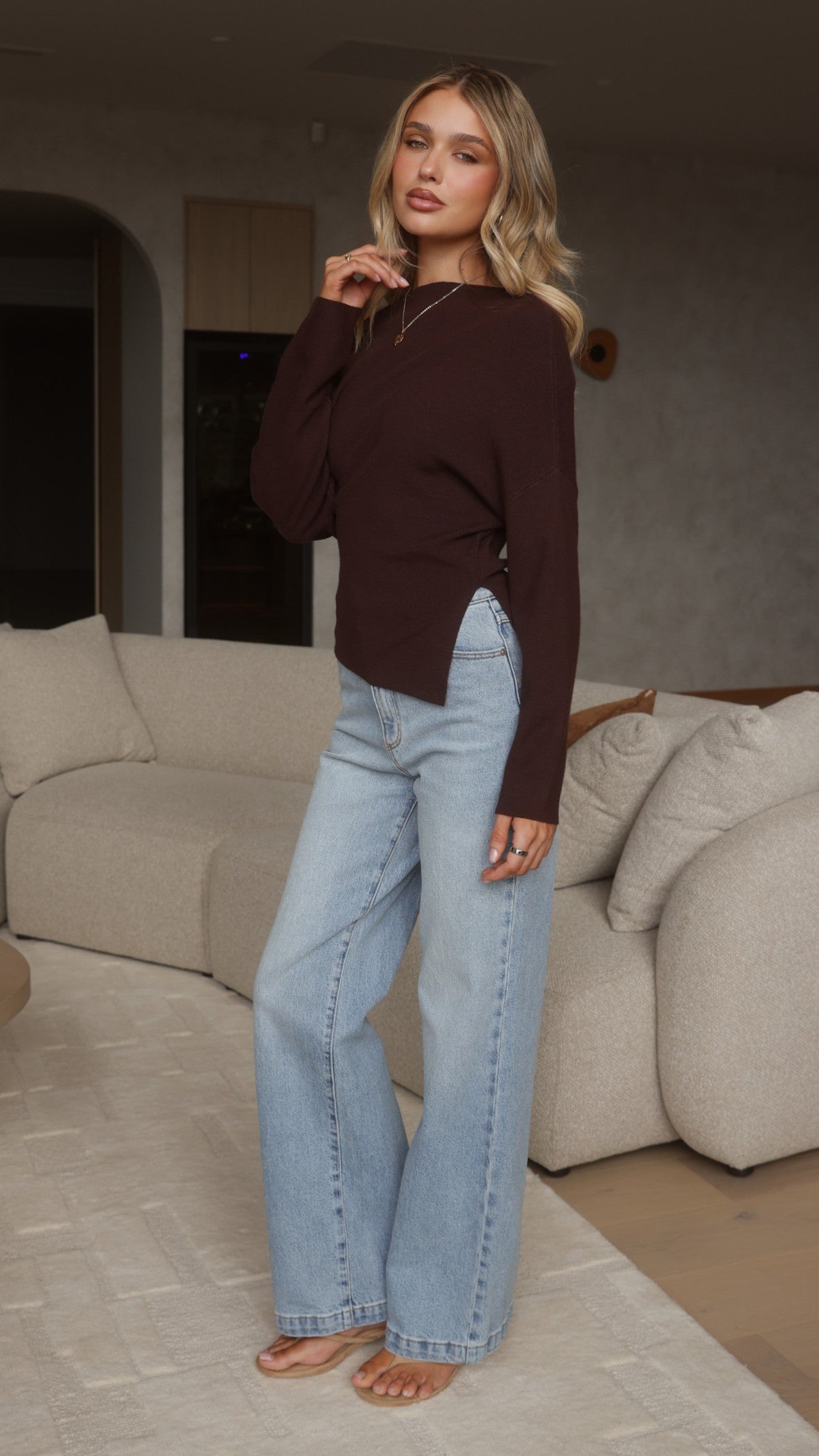 Eleora Long Sleeve Asymmetrical Top - Brown - Billy J