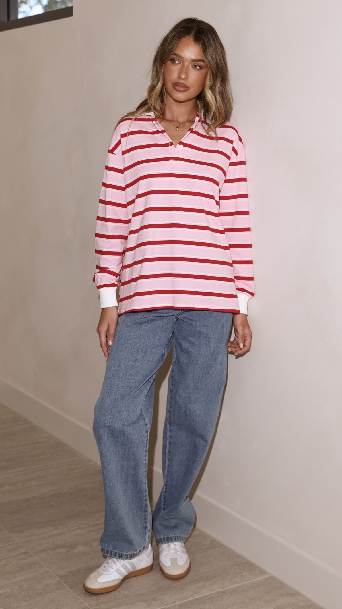 Jayana Collared Jersey Top - Red/Pink Stripe - Billy J