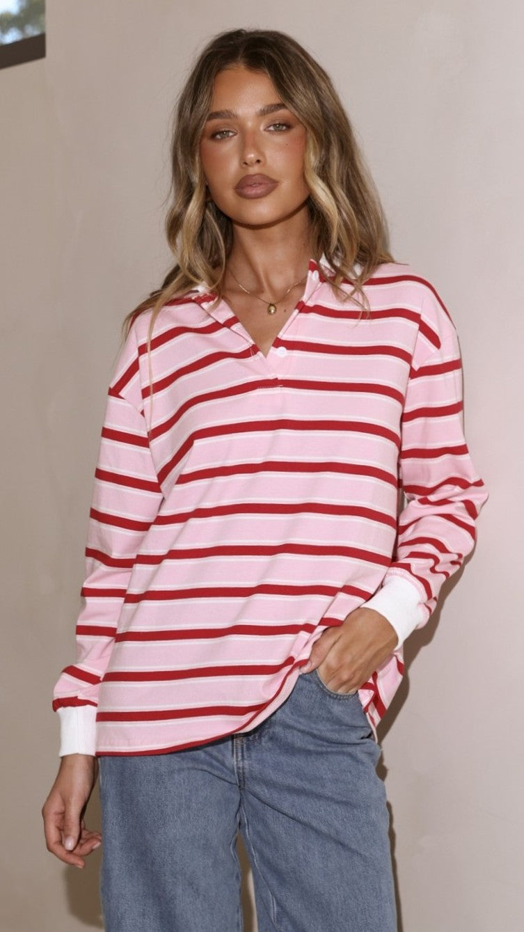 Jayana Collared Jersey Top - Red/Pink Stripe - Billy J