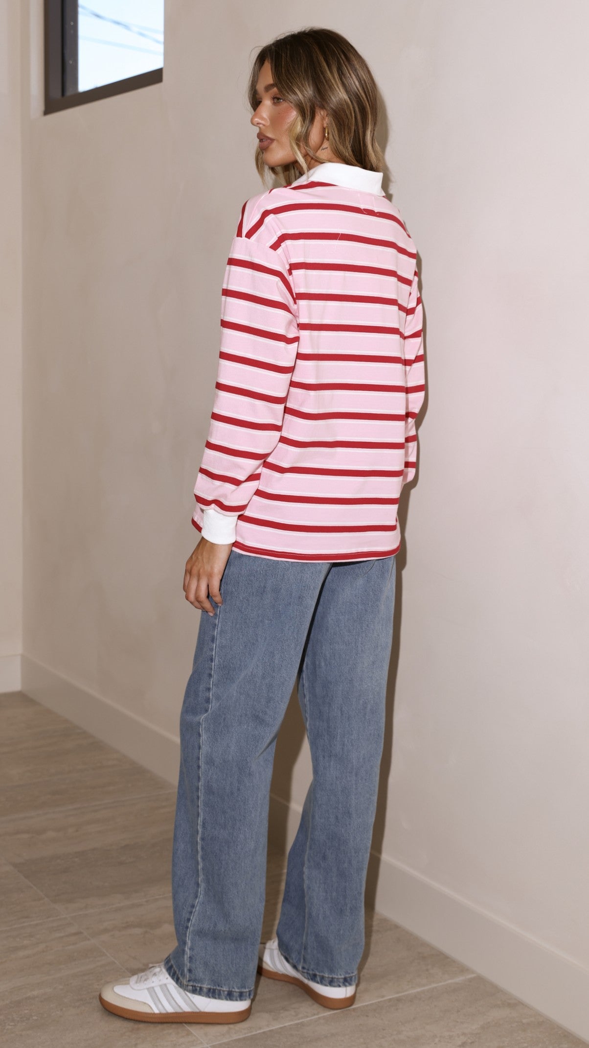 Jayana Collared Jersey Top - Red/Pink Stripe - Billy J
