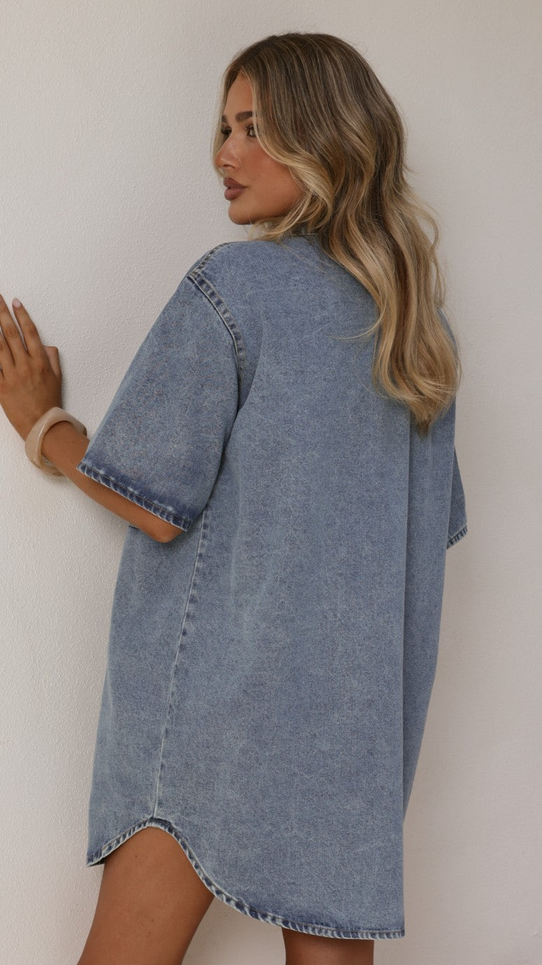 Maliha Button Up Mini Dress - Light Denim - Billy J