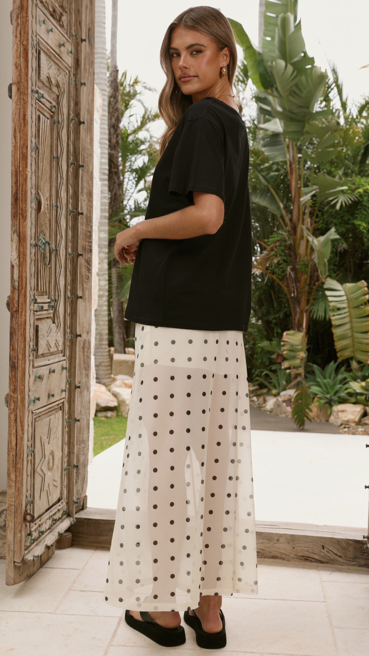 Onella Semi Sheer Maxi Skirt - Cream/Black Polka Dot - Billy J
