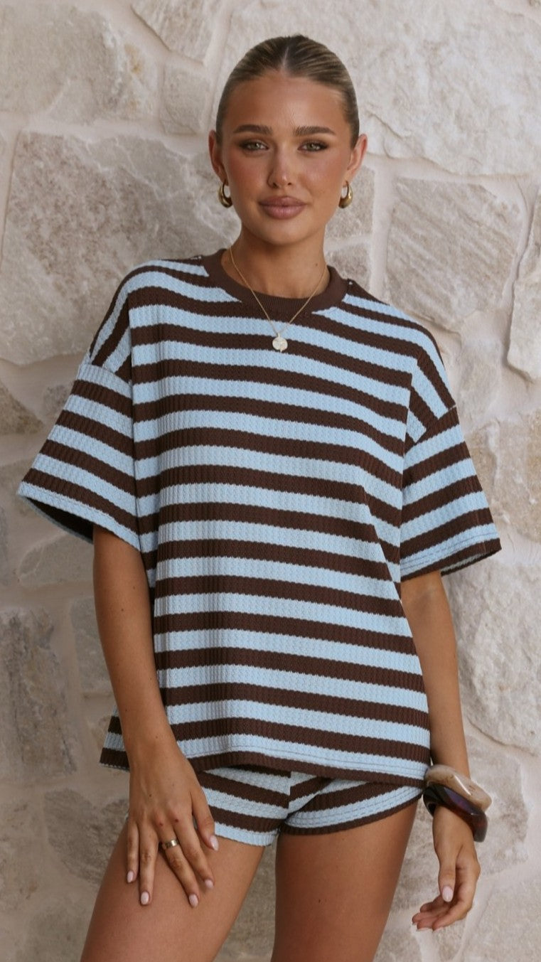 Makenna T-Shirt and Shorts Set - Chocolate/Blue Stripe - Billy J