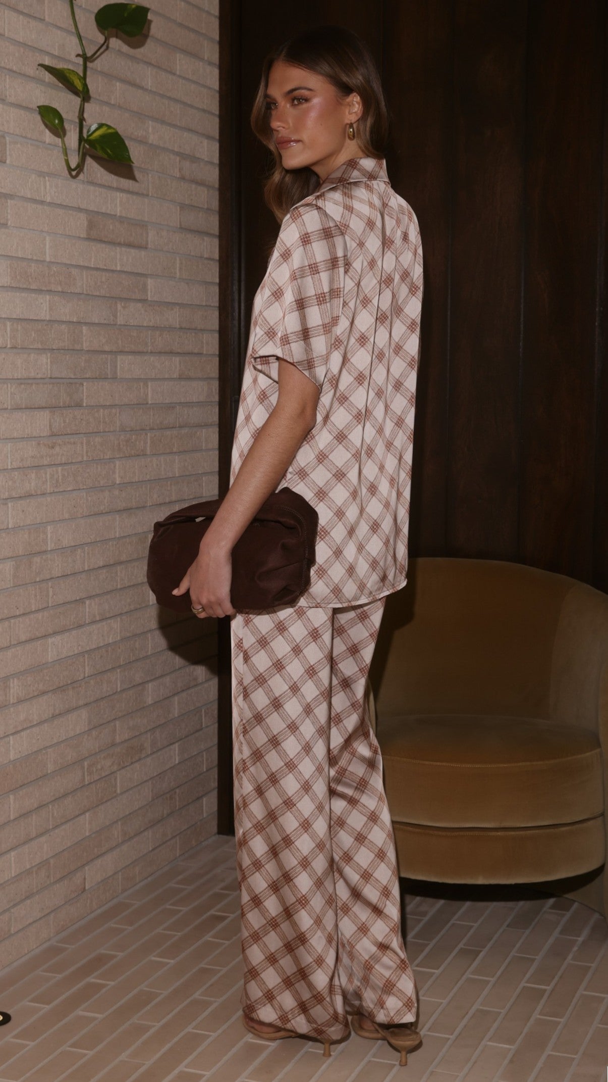 Imogen Button Pants - Brown Plaid - Billy J