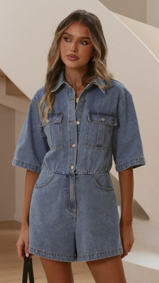 Rayla Denim Playsuit - Mid Blue - Billy J