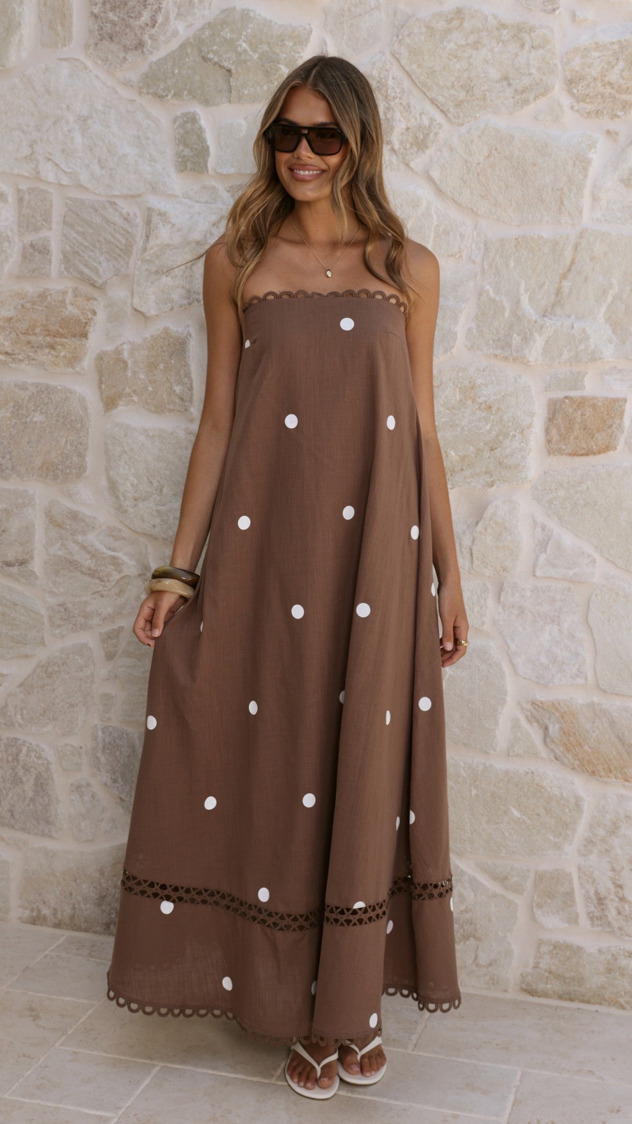Sandra Maxi Dress - Chocolate/White Polka - Billy J