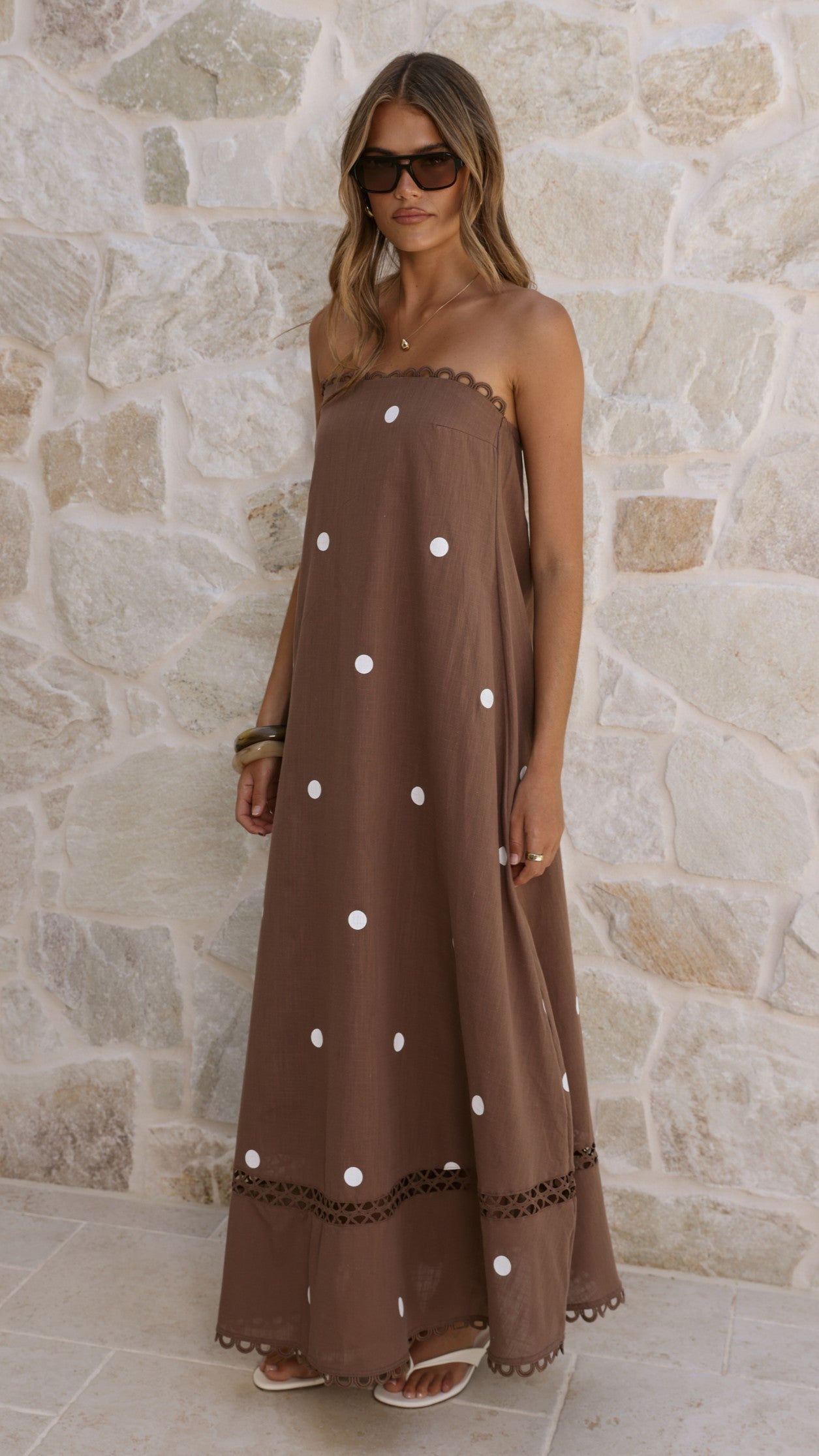 Sandra Maxi Dress - Chocolate/White Polka - Billy J