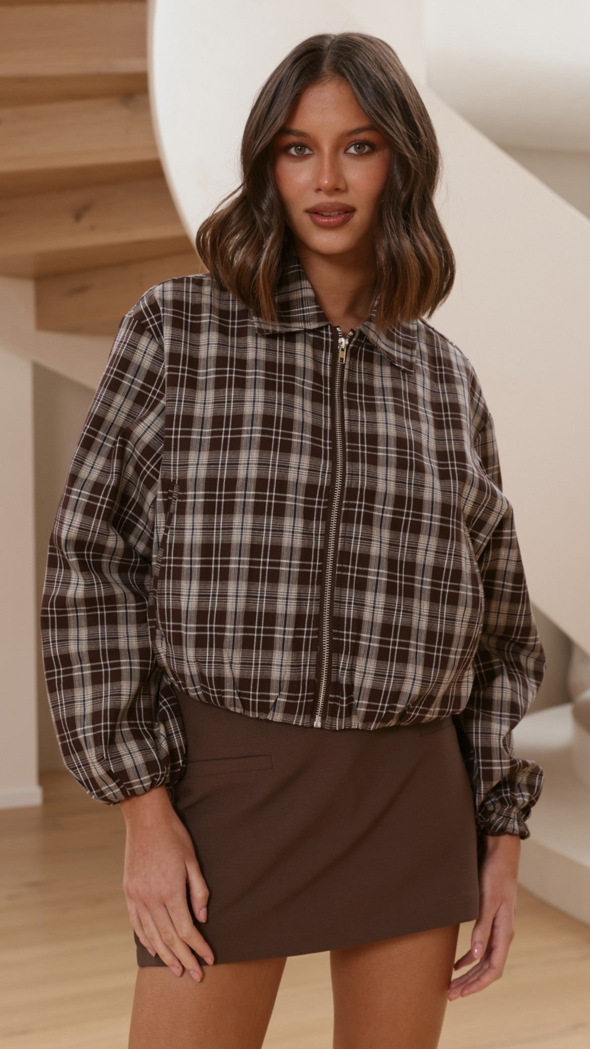 Brax Bomber Jacket - Choc/Beige Plaid - Billy J