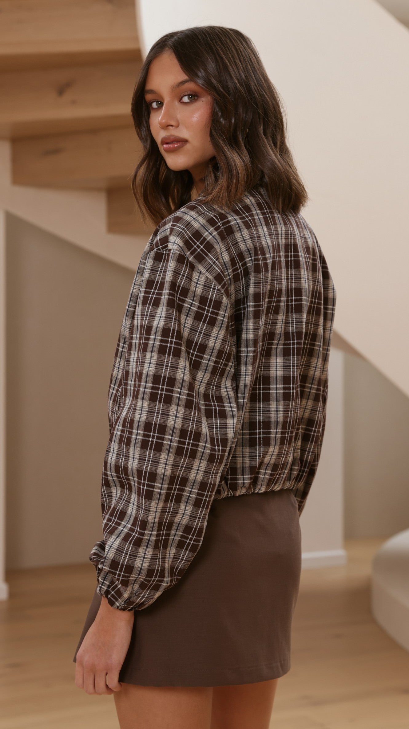 Brax Bomber Jacket - Choc/Beige Plaid - Billy J