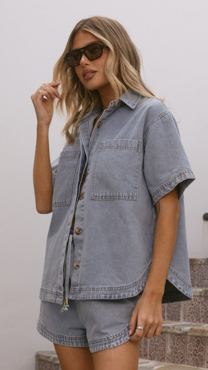 Kaleigh Button Up Shirt and Shorts Set - Light Denim