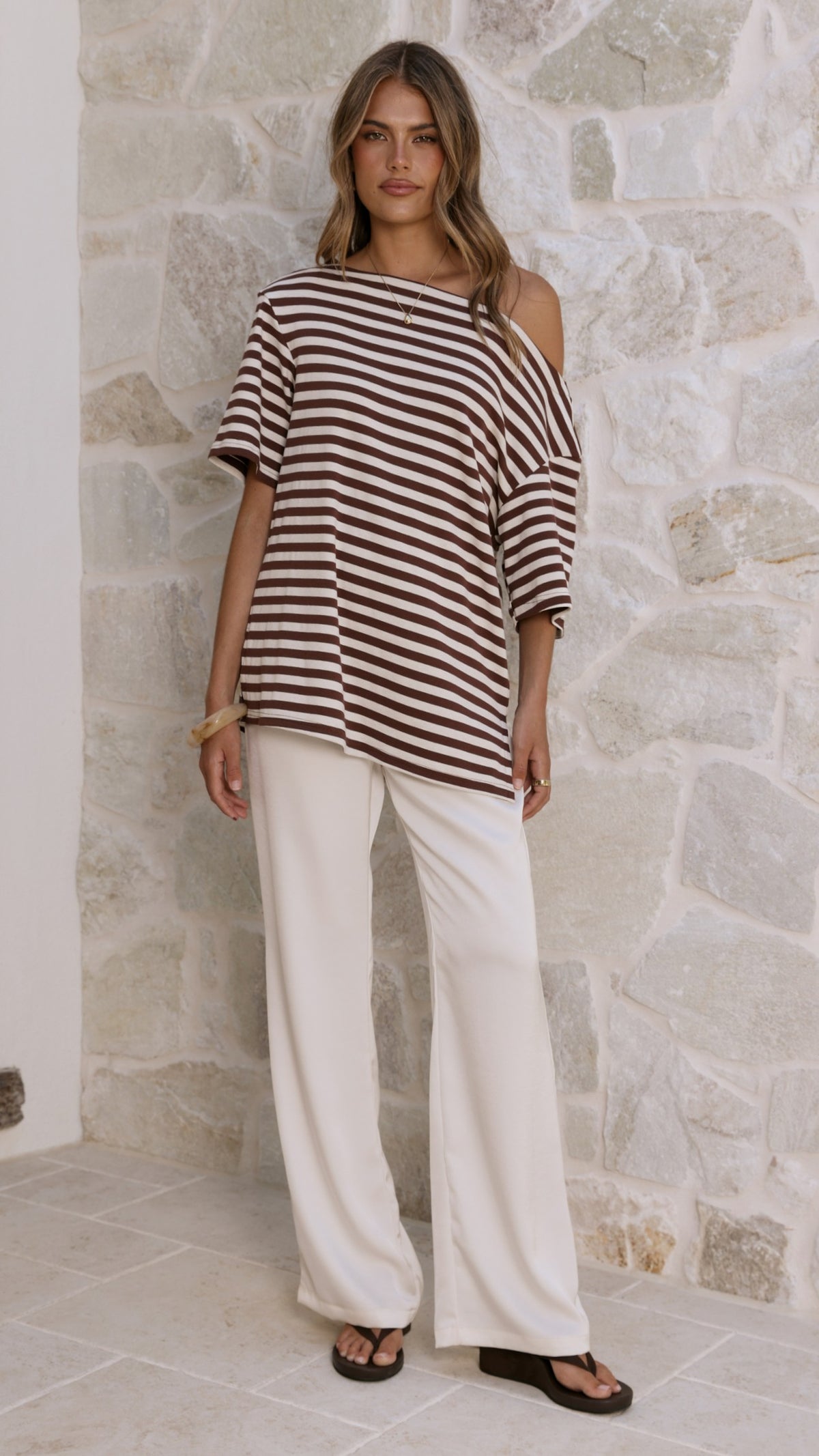 Pia One Shoulder Oversize Tee - Choc/White Stripe - Billy J