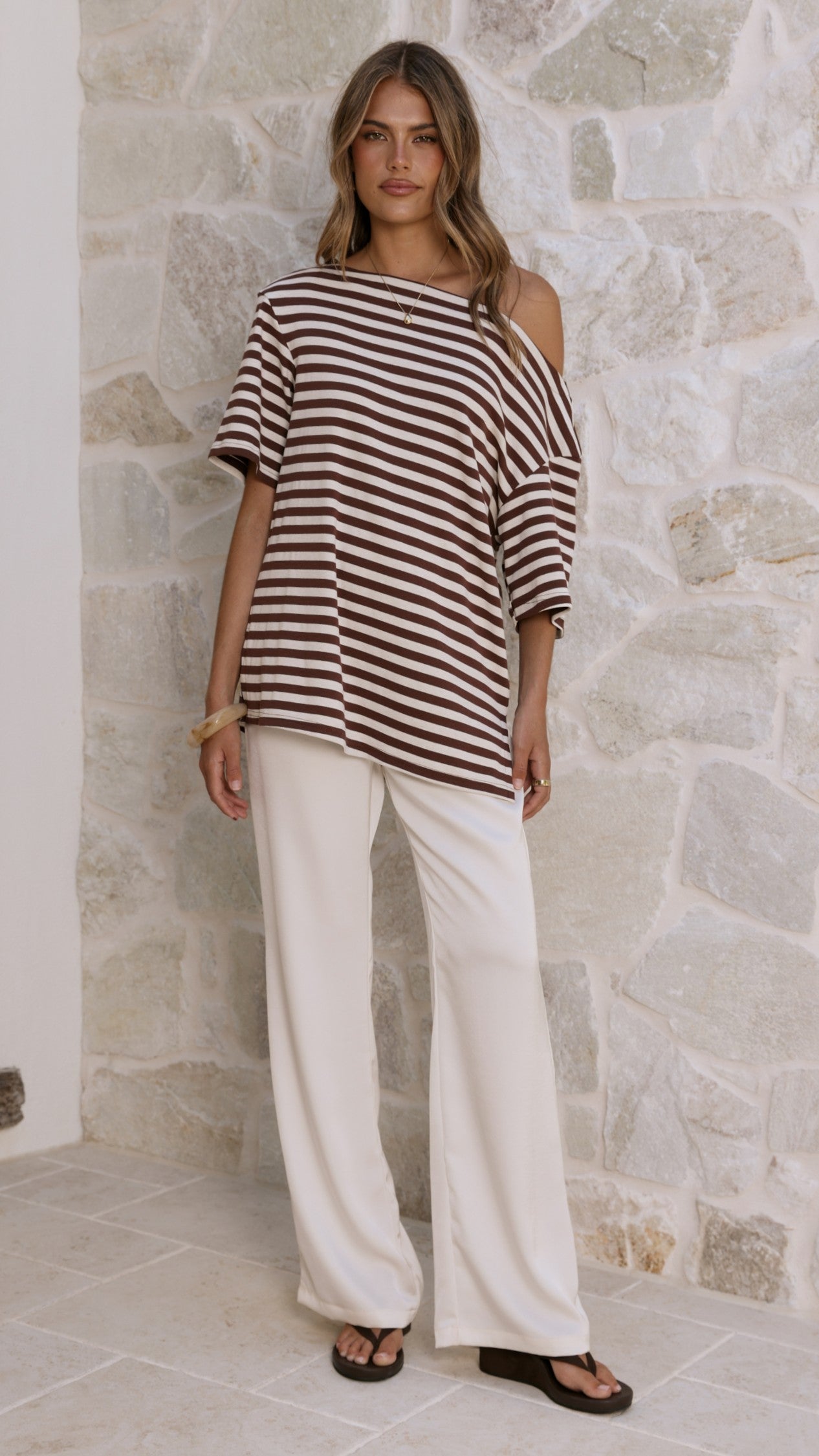 Pia One Shoulder Oversize Tee - Choc/White Stripe - Billy J