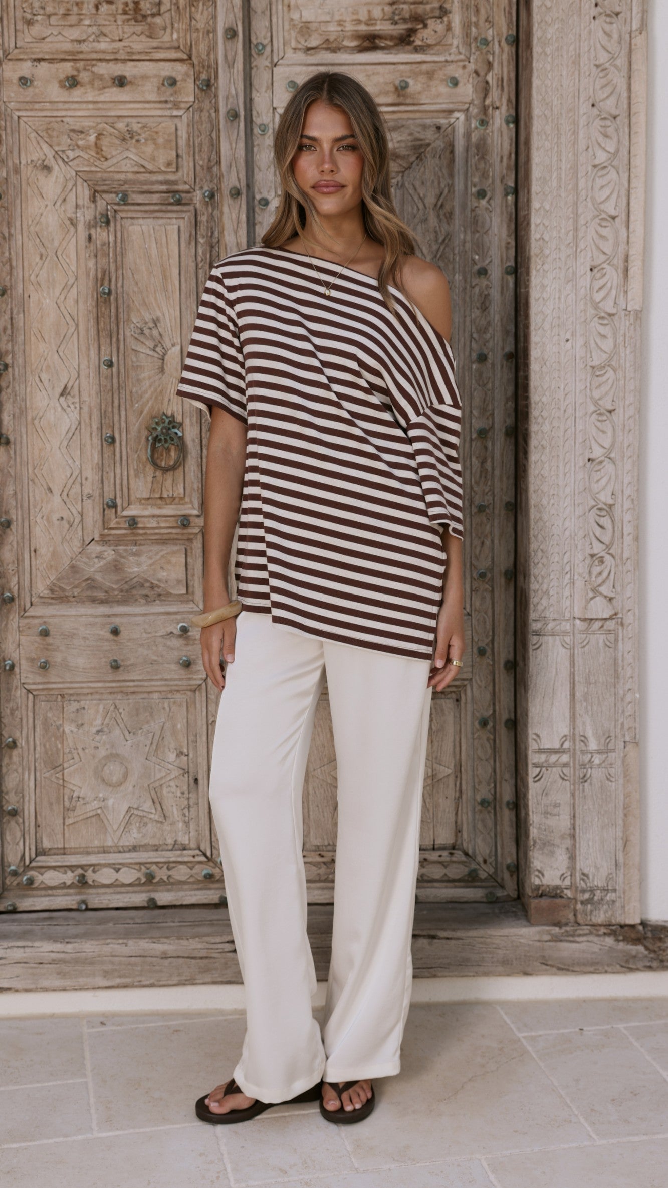 Pia One Shoulder Oversize Tee - Choc/White Stripe - Billy J